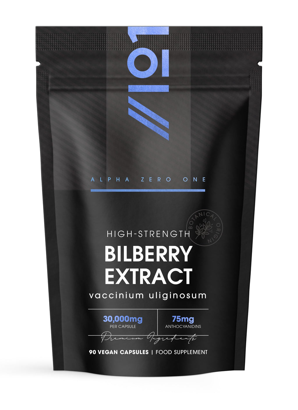 Bilberry Extract 30,000mg - Standardised 25% Anthocyanidins from 50:1 Vaccinium Uliginosum Extract - 90 Vegan Capsules (3 Months Supply) – Resealable and Recyclable Pouch by Alpha01