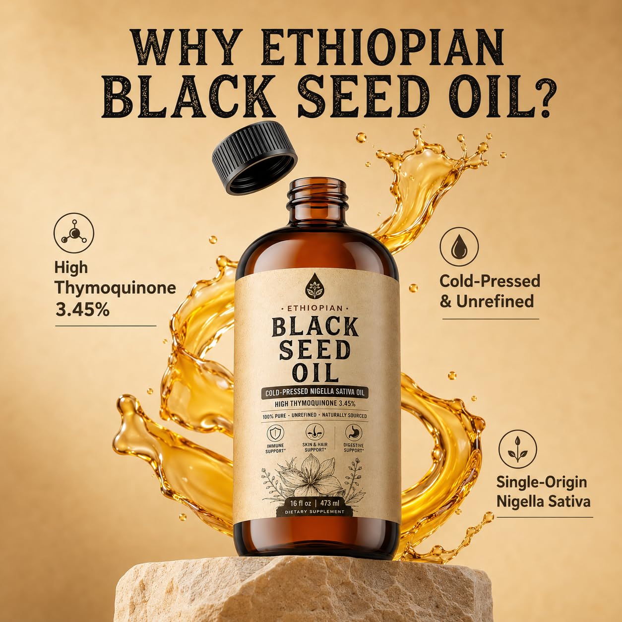 Ethiopian Black Seed Oil 16 oz – Cold-Pressed Nigella Sativa, High Thymoquinone 3.45%, Black Cumin Seed Oil Liquid, 100% Pure Unrefined, Immune Skin Hair & Digestive Support