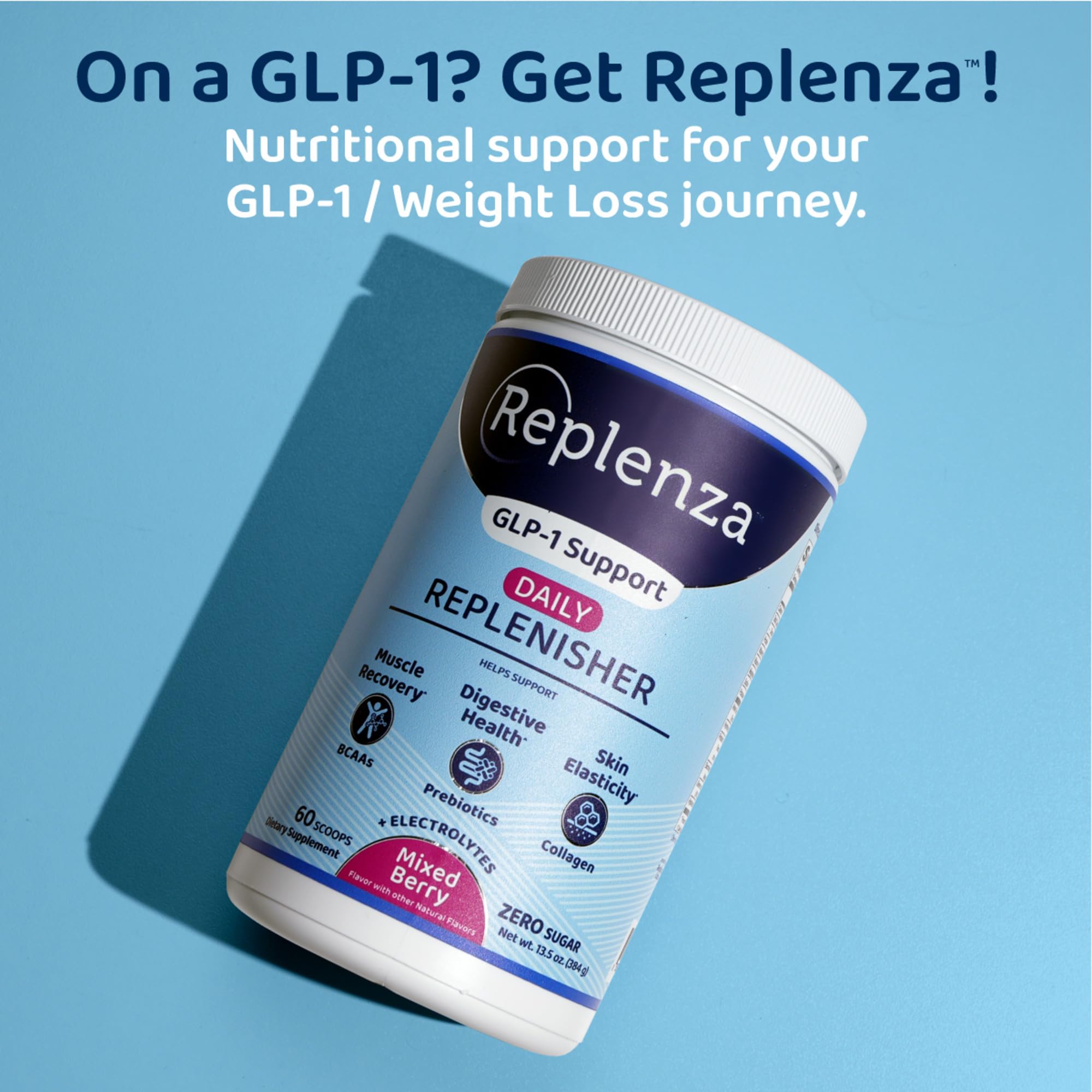Replenza Daily Replenisher GLP-1 Nutritional Support, Powder, Muscle Recovery, Digestive Health & Skin Elasticity Mix of Amino Acids, Prebiotics and Collagen Peptides – Berry Flavor, 60 Scoops,13.5 OZ
