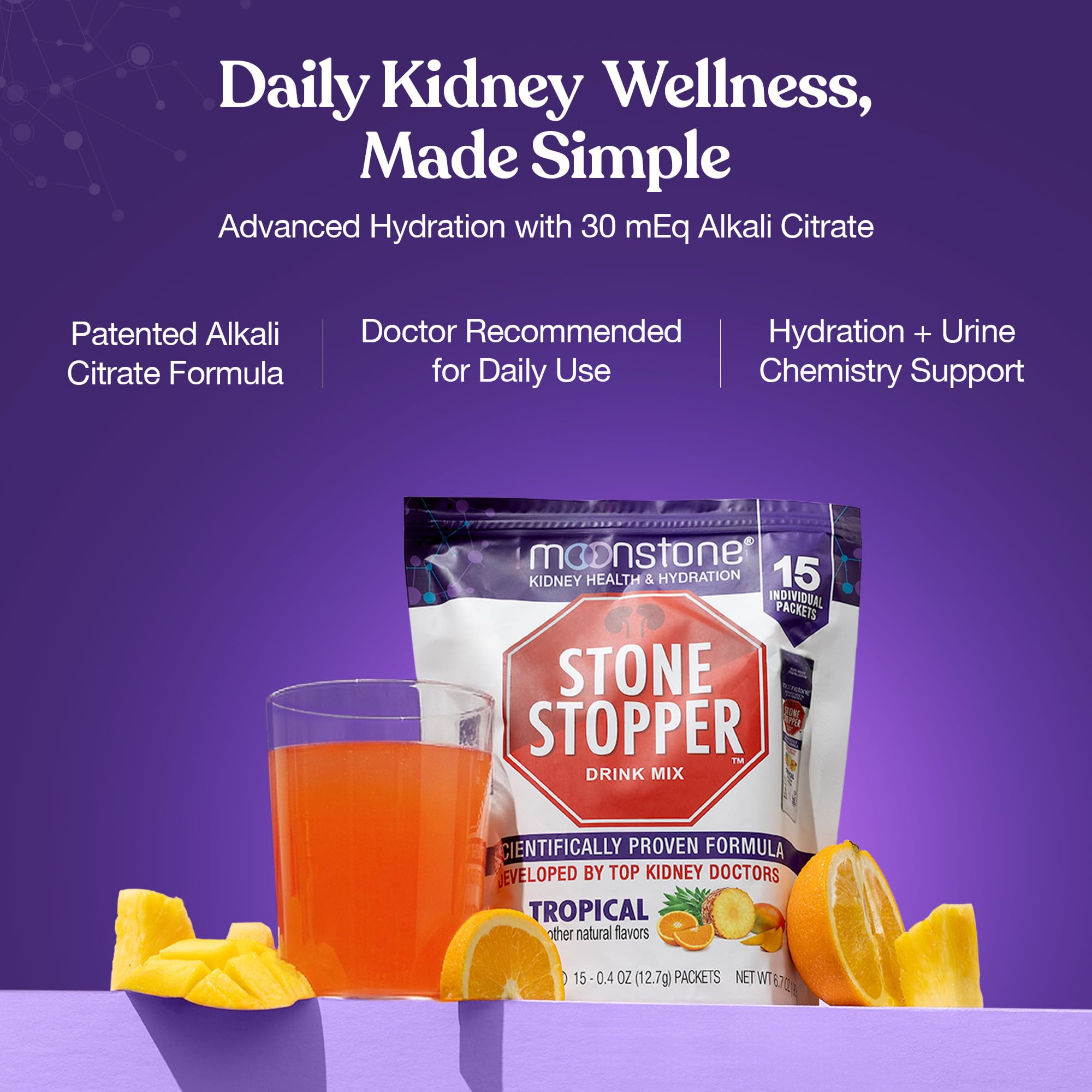 Moonstone Stone Stopper Drink Mix, Tropical, Kidney Stone Prevention, Calcium Oxalate Protector, Developed by Urologists to Improve Hydration and Support Kidney Health, 15 Day Supply