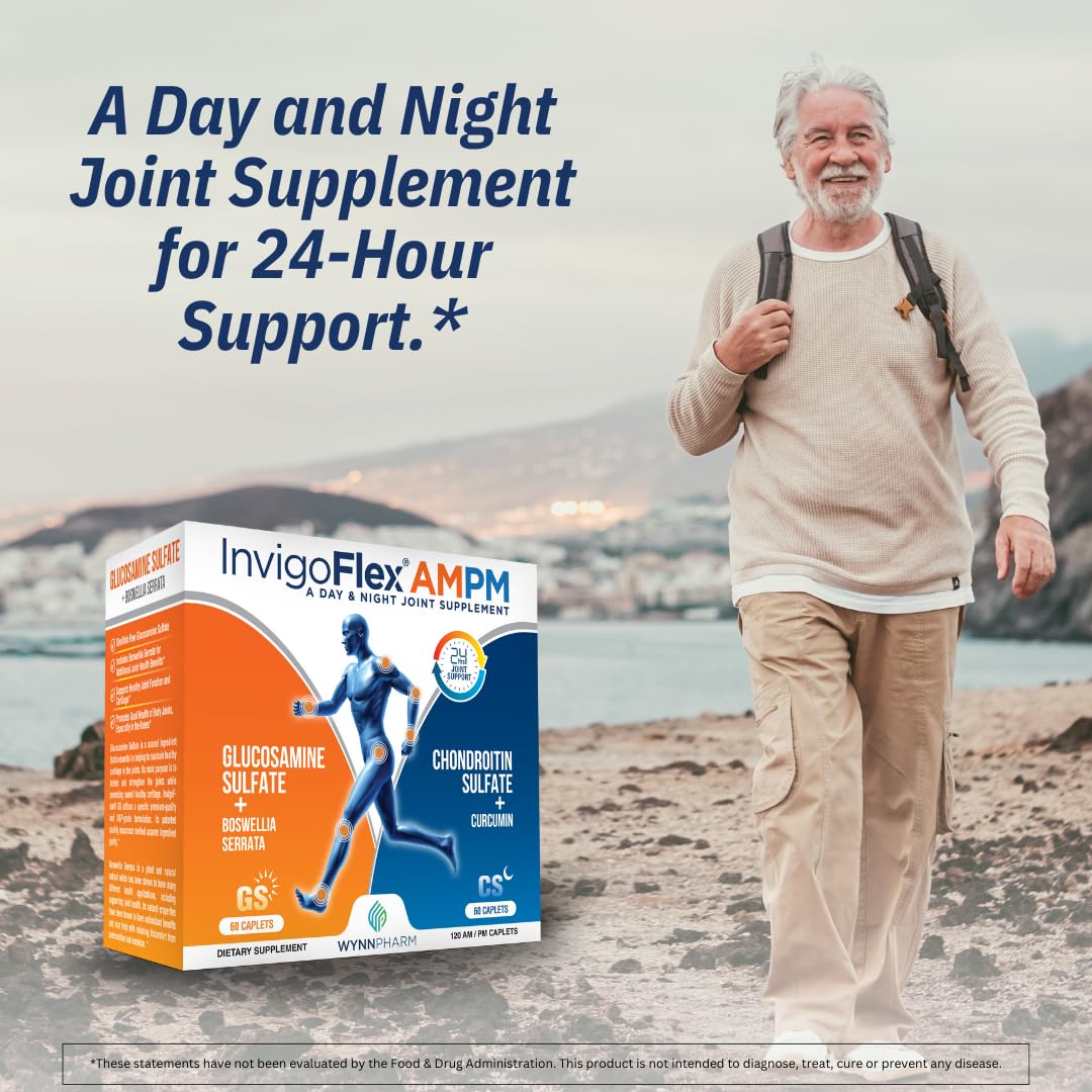 INVIGOFLEX® AMPM - Glucosamine & Chondroitin Sulfate - Turmeric Curcumin - Boswellia Serrata (Non GMO) for Knees, Hands, Back and Hip 24 - Hour Premium Joint Supplement