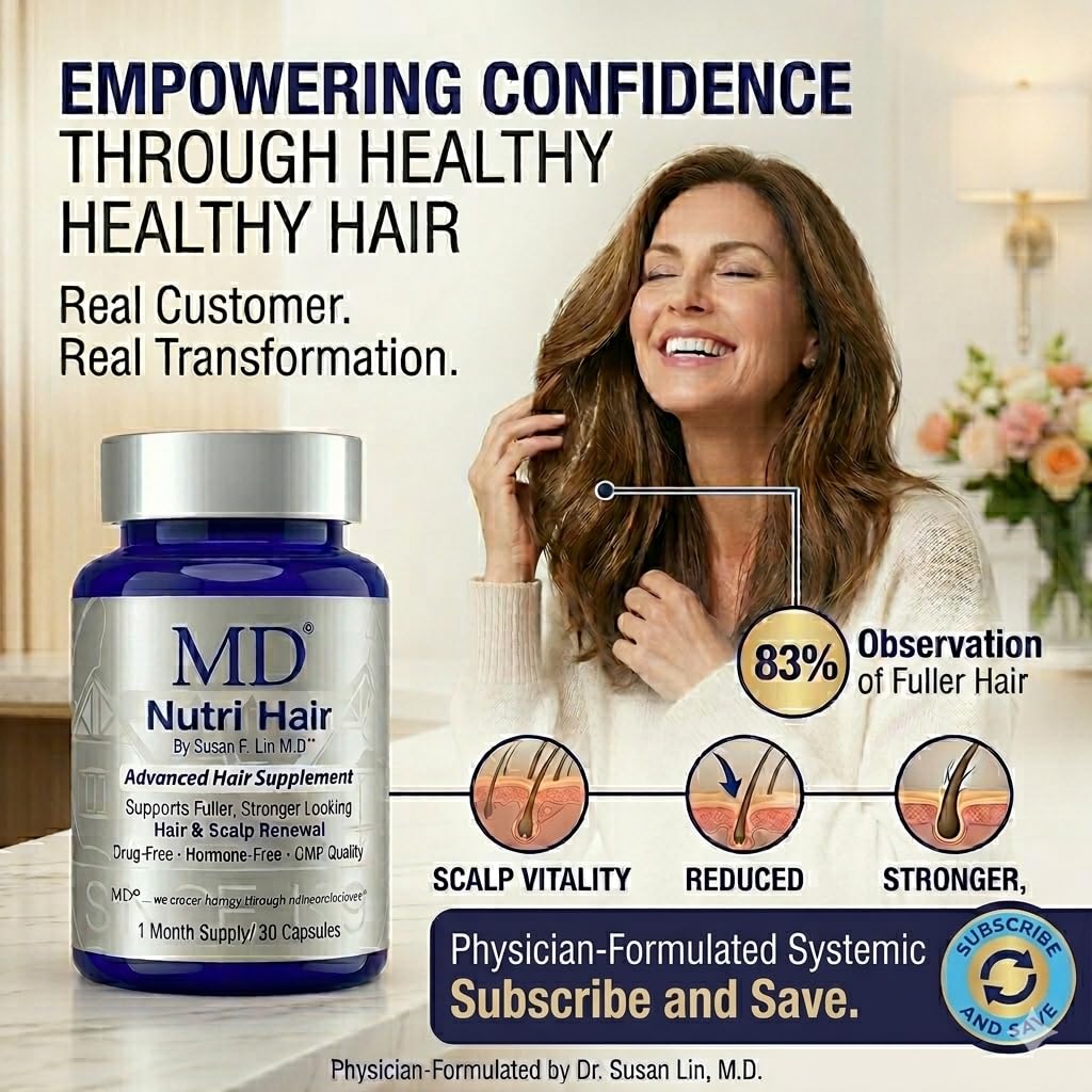 MD Nutri Hair Growth Supplement for Thinning and Hair Loss, Reduces Shedding, Lilac Stem Cells with Marine Collagen and Biotin, 30 Vegetable Capsules