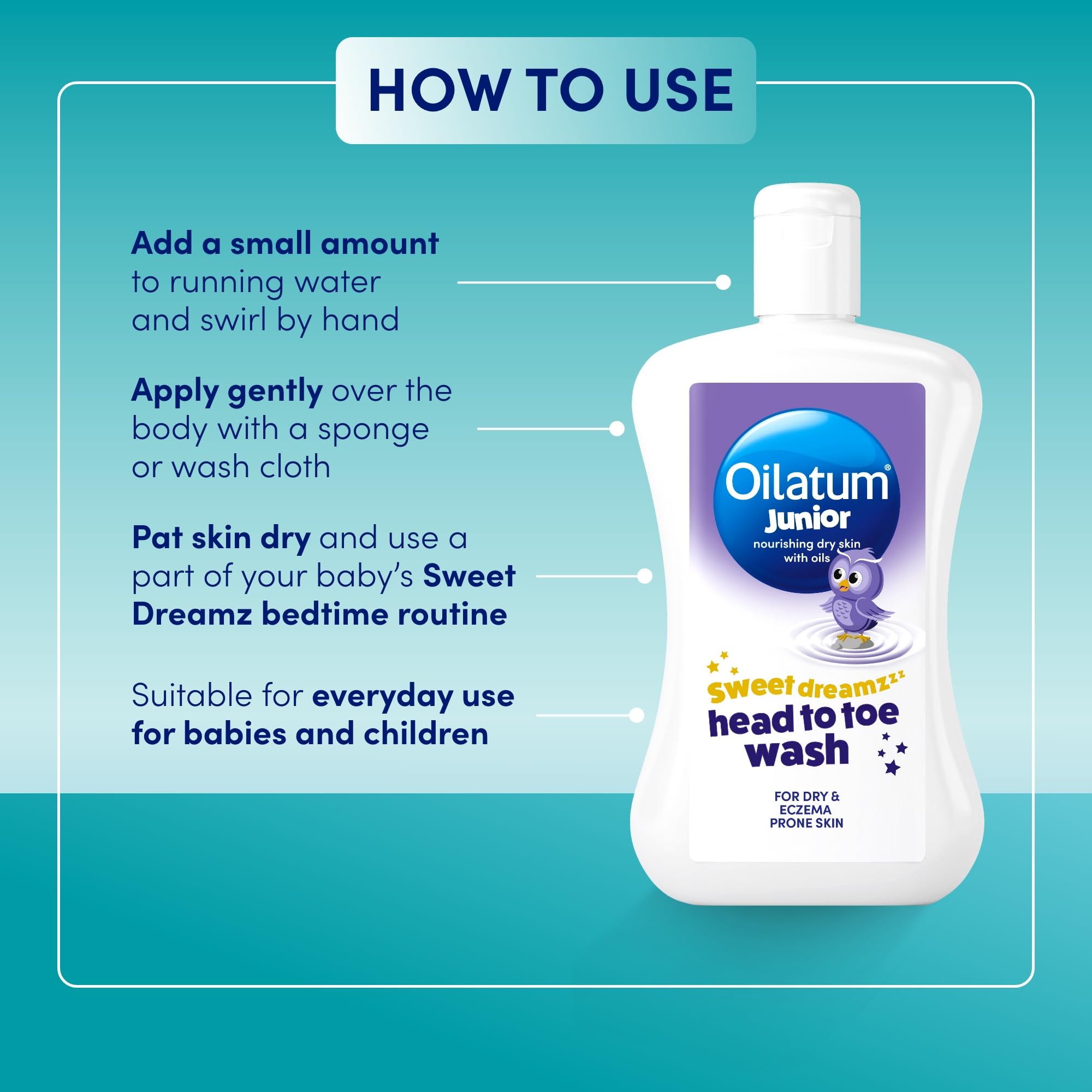 Oilatum Junior Sweet Dreamz Head to Toe Wash, For Dry, Sensitive and Eczema-Prone Skin, Soothing and Hydrating Cleanser for Kids, Dermatologist Recommended for Itchy and Irritated Skin, 1 x 300ml