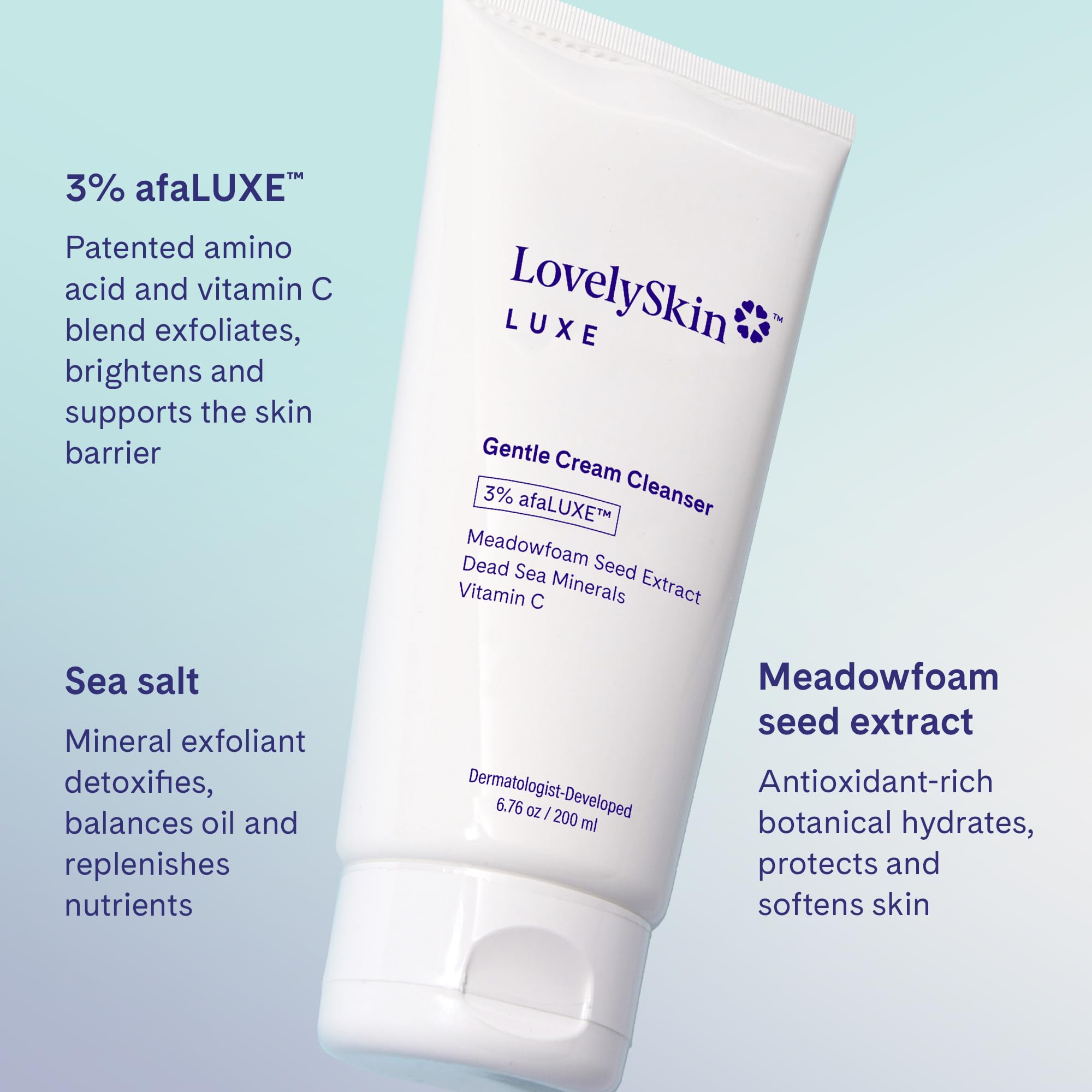 LovelySkin LUXE Gentle Cream Cleanser - Hydrating Face Wash & Makeup Remover with Vitamin C, afaLUXE & Meadowfoam Seed Extract - For Sensitive, Dry & Normal Skin, 6.76 fl oz