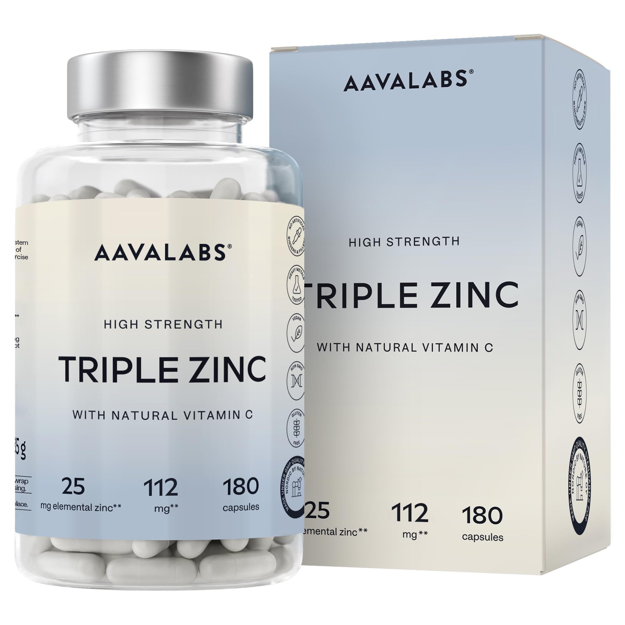 Triple Zinc Supplements for Men and Women - 25mg - with Natural Vitamin C - Zinc Picolinate, Bisglycinate and Monomethionine - 180 Capsules - 6 Months Supply