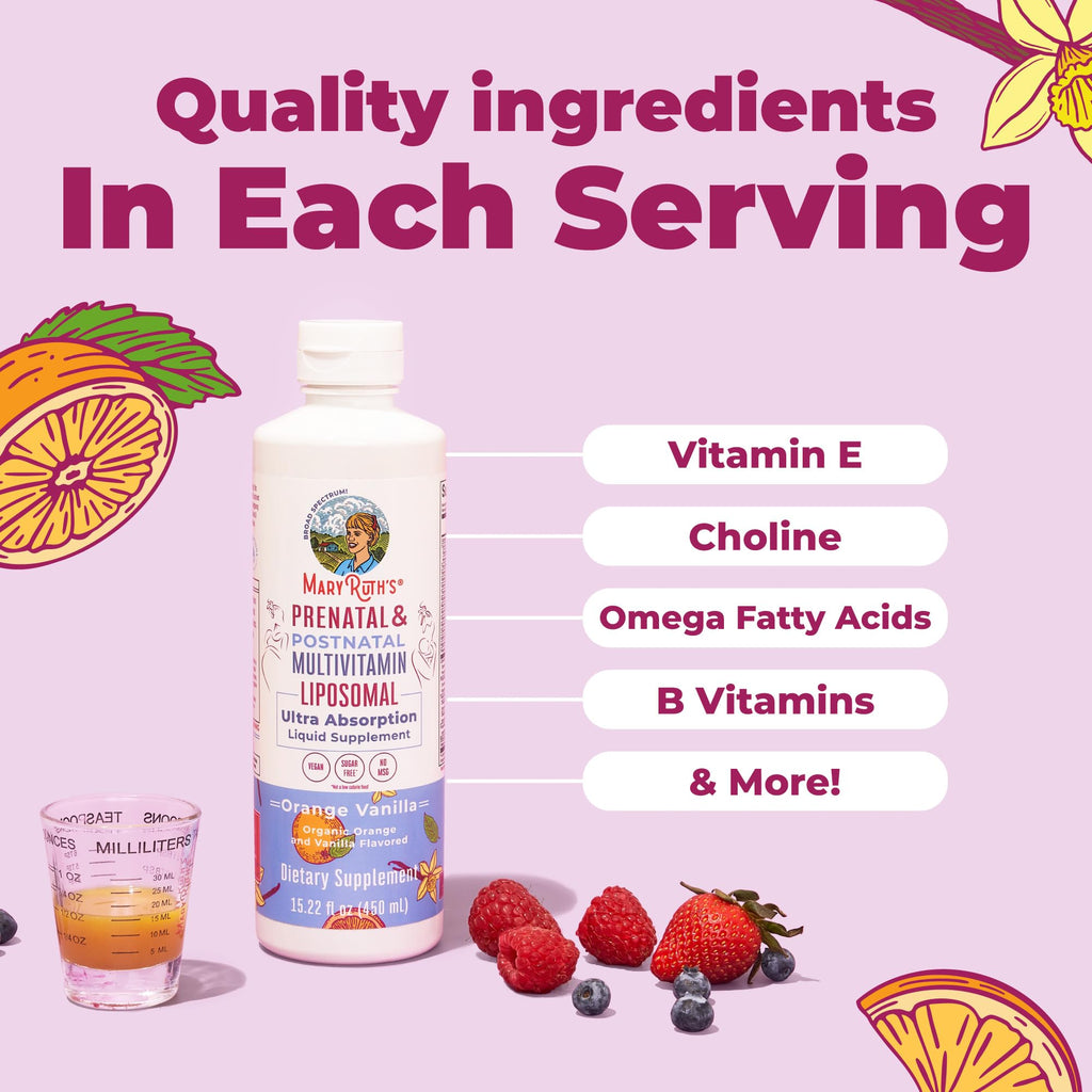 MaryRuth’s Prenatal & Postnatal Multivitamin Liposomal | Preconception & Pregnancy | Prenatal Vitamins for Women with Folate Choline Omega 3 DHA | Vegan | Sugar Free | Gluten Free | 30 Servings