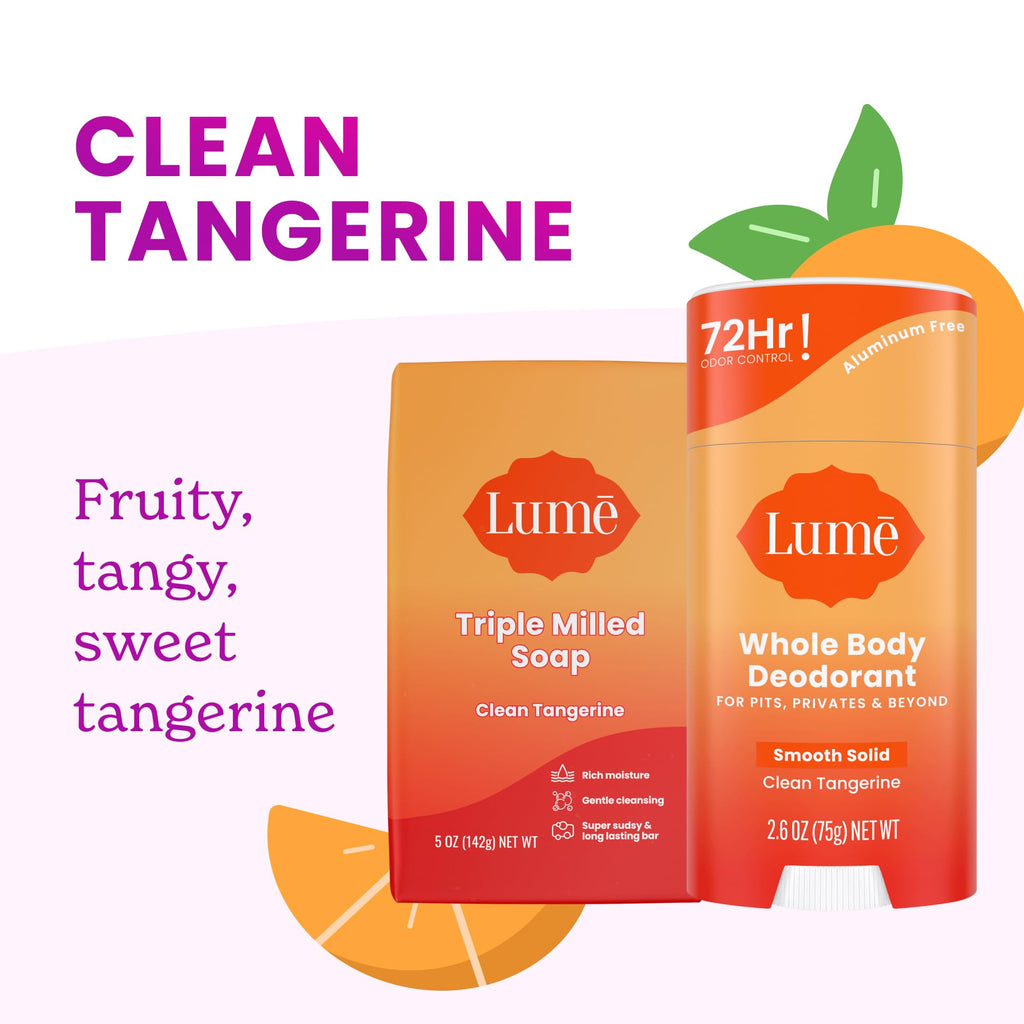 Lume Whole Body Deodorant And Soap - 2.6 Ounce Solid Stick With 72 Hour Odor Control (Pack of 2) and 5 Ounce Triple Milled Soap (Pack of 2) - Aluminum and Baking Soda Free (Clean Tangerine)