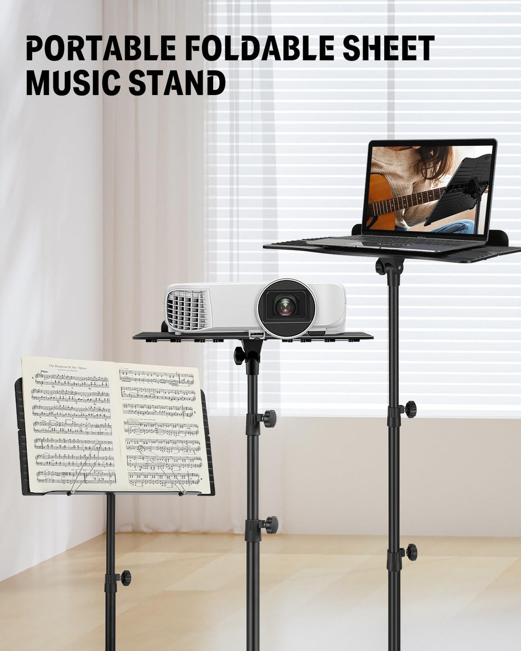 Donner Sheet Music Stand with Light Foldable Travel Metal Stand Adjustable DMS-1 with Carrying Bag, and Clip Holder, Portable Projector Stand, Laptop Stand, Music Folder