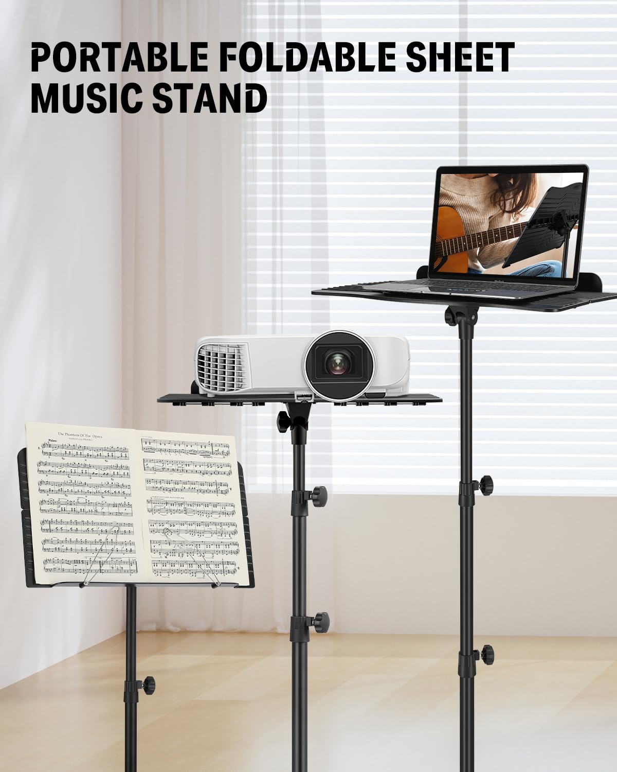 Donner Sheet Music Stand with Light Foldable Travel Metal Stand Adjustable DMS-1 with Carrying Bag, and Clip Holder, Portable Projector Stand, Laptop Stand, Music Folder