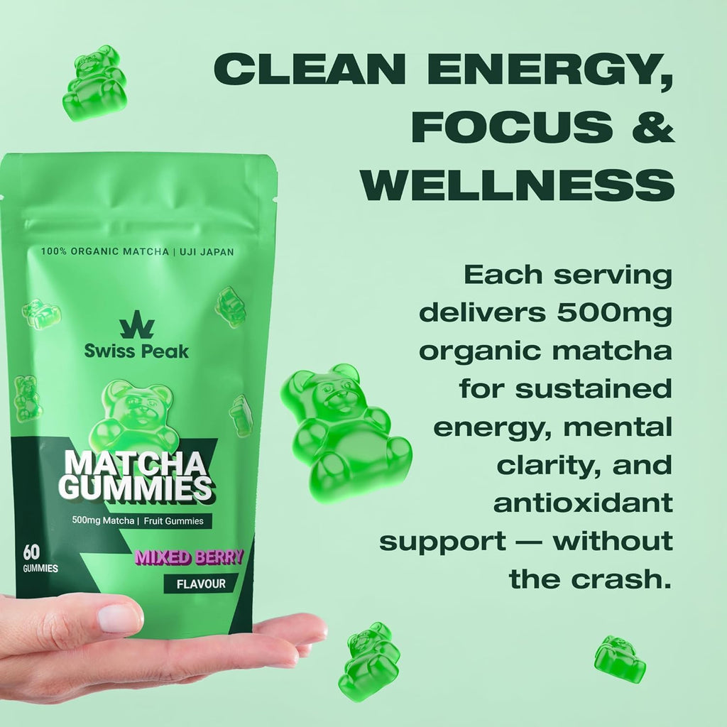 Swiss Peak Matcha Gummies, Organic Japanese Matcha from Uji, Kyoto, Clean Energy, Focus, and Antioxidant Cranberry Extract, Vegan Mixed Berry, 60 Gummies, Ceremonial, UK Made, Gelatin-Free