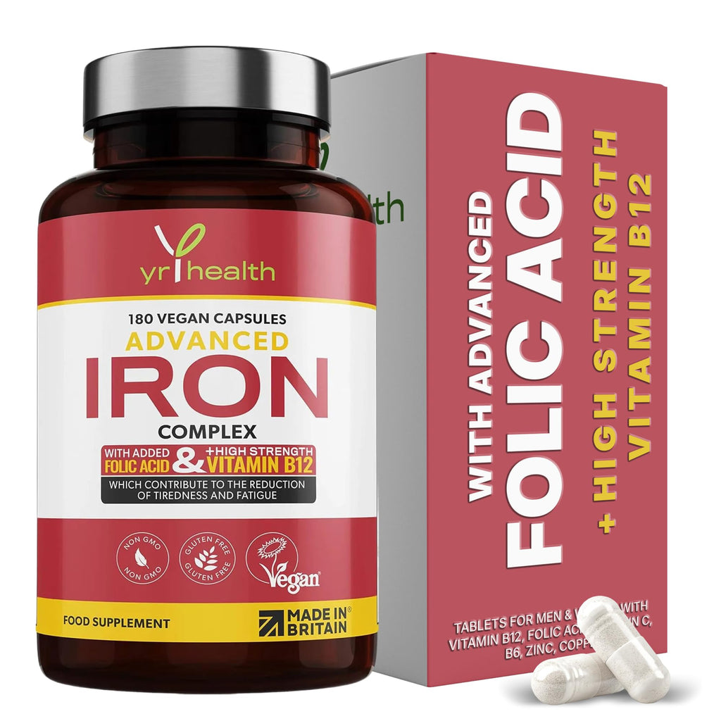 Iron Supplement 20mg - 6 Month Supply Vegan Capsules with B12 & Folic Acid