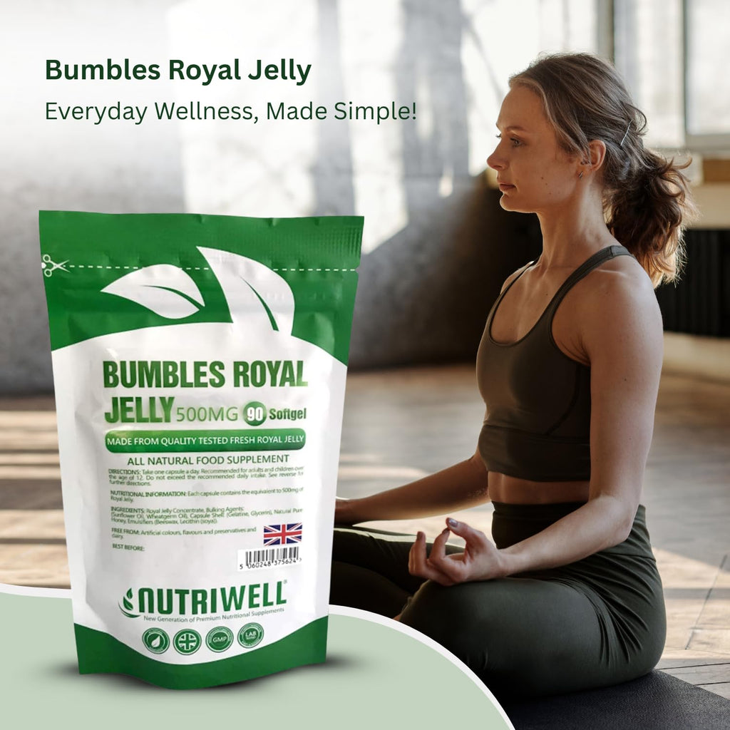 Bumbles Royal Gellee - 90 High Strength 500mg Royal Jelly Softgel Capsules to Support Immune System and Boost Energy, for Healthy Hair & Skin, Made in The UK by Nutri Well