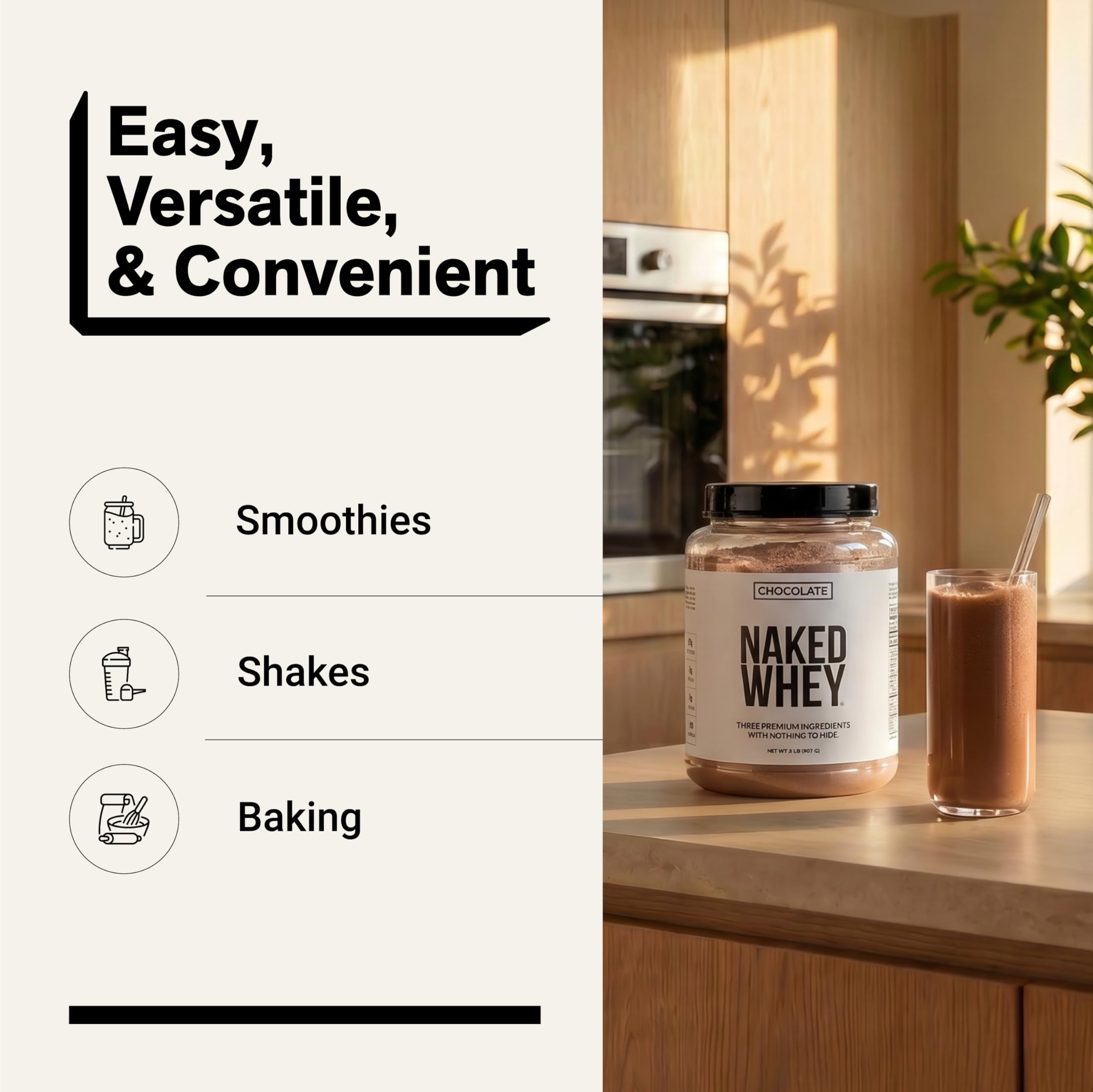 NAKED Whey Chocolate Protein Powder - Only 3 Ingredients - Grass Fed Whey Protein Powder, Organic Chocolate and Organic Coconut Sugar, NSF Certified, No GMO, No Soy, and Gluten Free - 24 Servings