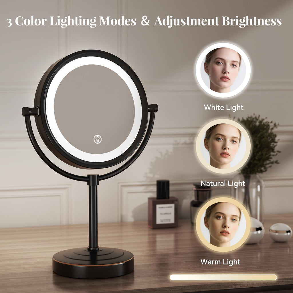 GURUN 8.5 Inch Rechargeable Tabletop LED Lighted Makeup Mirror with 10x Magnification 4500mAh Battery Double Sided Vanity Mirror Oil-Rubbed Bronze for Women Mom (8.5in,10x)