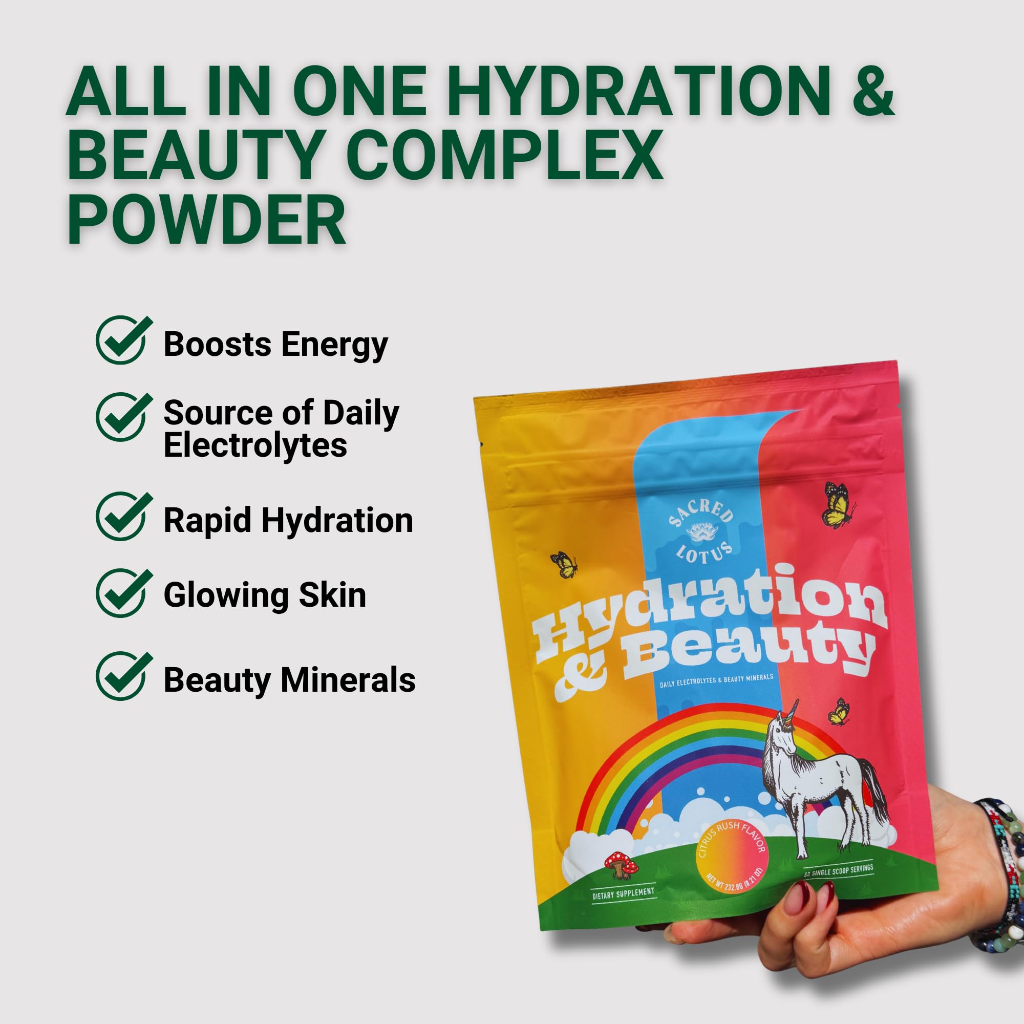 Sacred Lotus Hydration & Beauty Powder - Citrus Rush - Electrolyte Drink Mix | Daily Vitamins and Minerals - Magnesium, Vitamin C, and Niacin | Non-GMO | 60 Servings