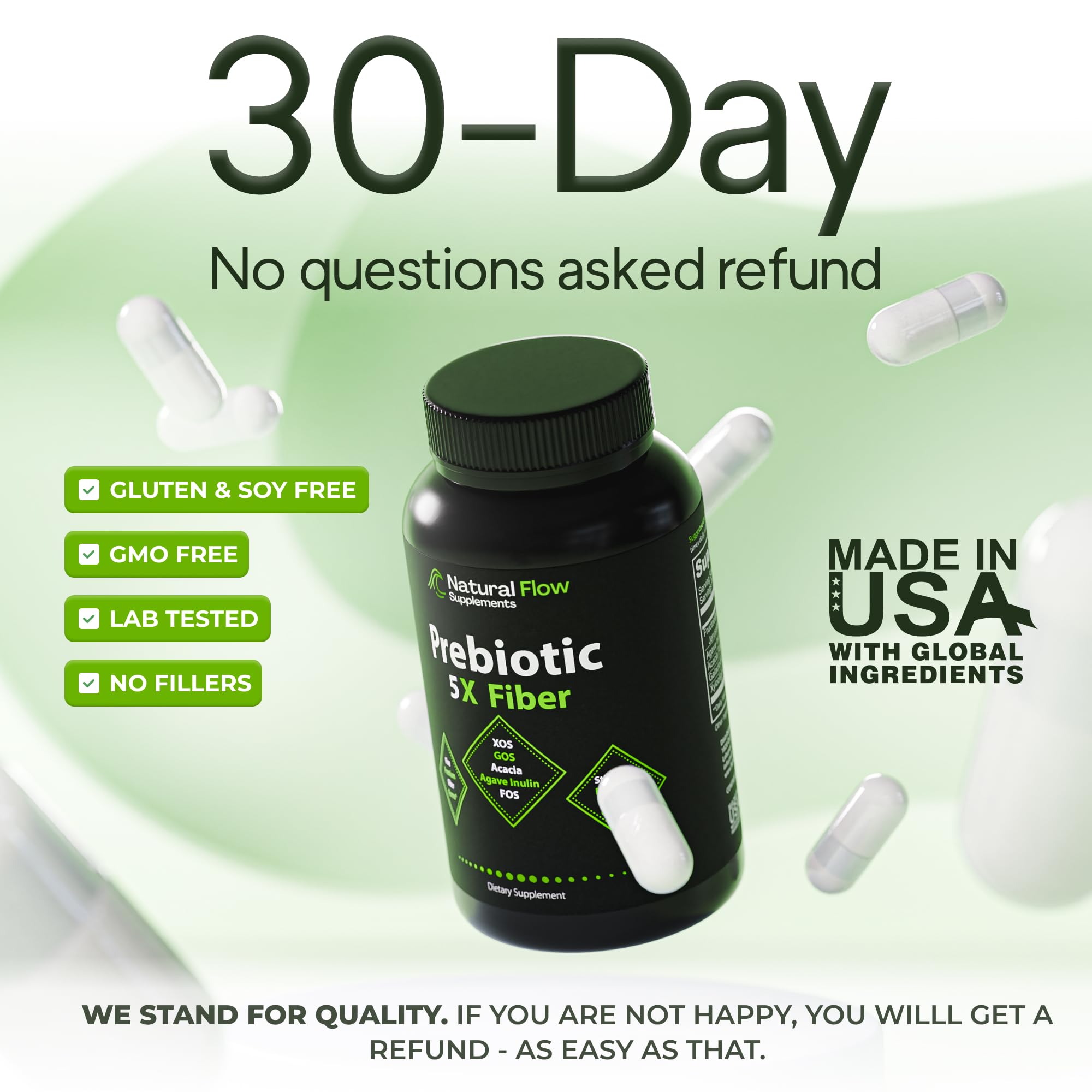 Prebiotic Fiber Supplement 5-in-1 Capsules - Natural Flow 5X Fiber XOS, GOS, FOS, Acacia and Agave Inulin, Daily Soluble Fiber Formula for Gut Support and Boost Good Bacteria Diversity, 120 Caps