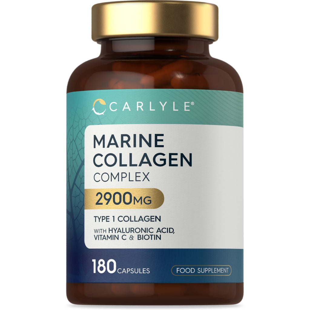 Marine Collagen Capsules 2900mg with Hyaluronic Acid | Type 1 Hydrolysed Peptides | 100% Marine Collagen | with Vitamin C, E, Biotin, Zinc, Turmeric Extract & Black Pepper | 180 Count | by Carlyle