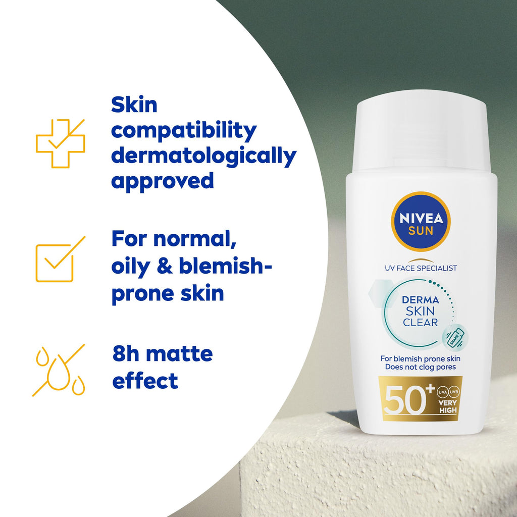 NIVEA SUN Derma Skin Clear SPF50+ (40ml), Face Sunscreen with Anti-Blemish Complex and Niacinamide, Protects Against UVA/UVB Rays and Premature Skin Ageing