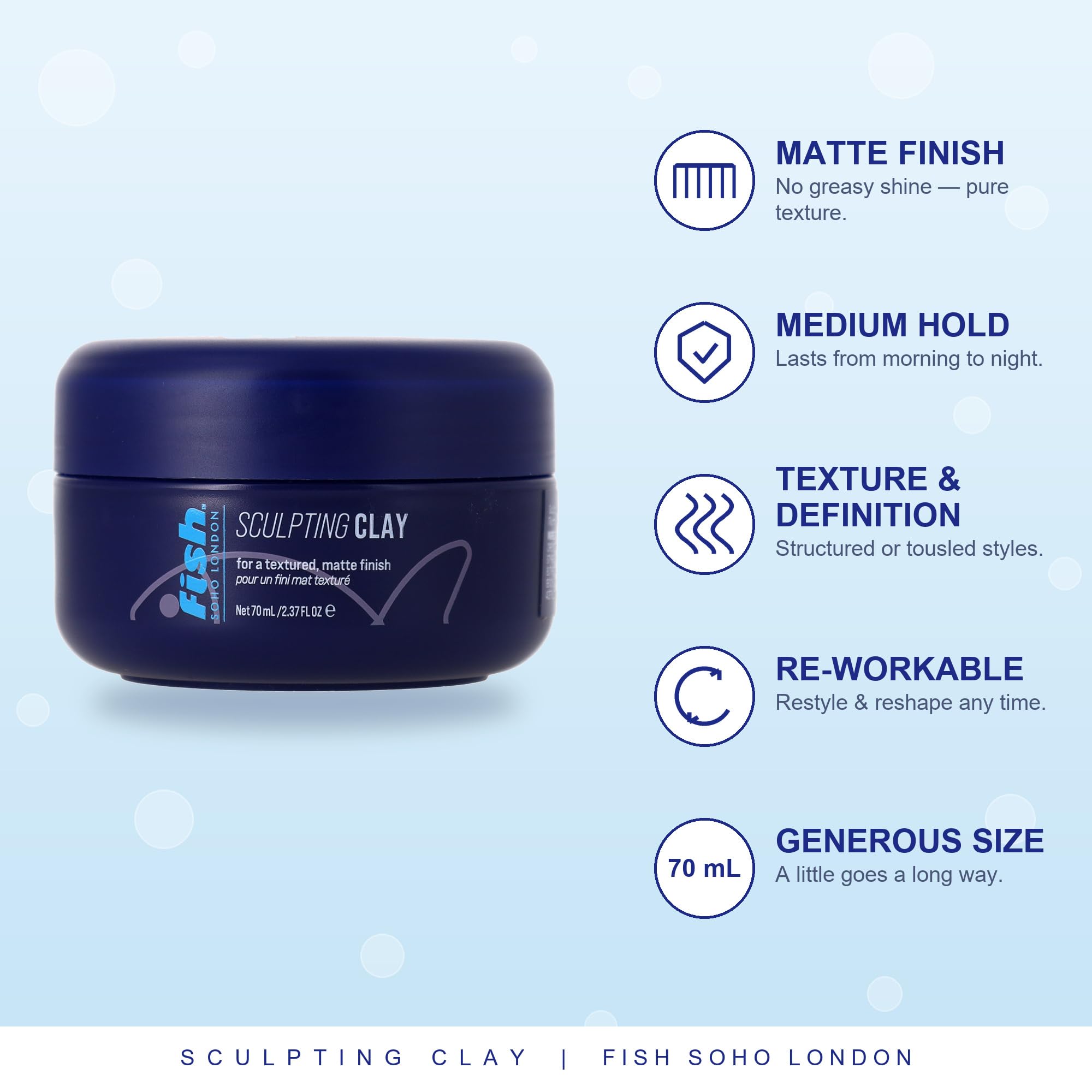 fish Original Sculpting Hair Clay, Mens Hair Styling Product Suitable for Short & Medium Length Hair. Stylist & Barber Used, Medium hold, Matt Finish, 70ml