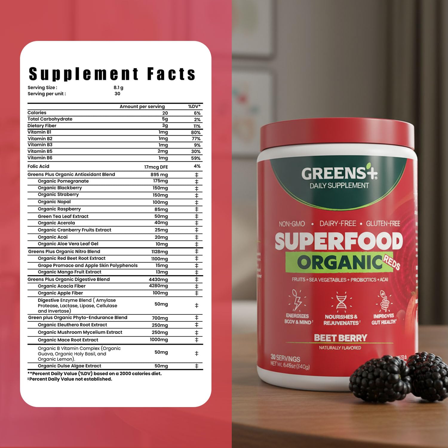 Greens+ Organic Reds Superfood Powder, Antioxidant, Polyphenol, Blend for Morning Kick, Energy, Vitality Boost, Nutrition, Vibrant Health, Vegan Soy/Dairy/Gluten Free(8.46oz)