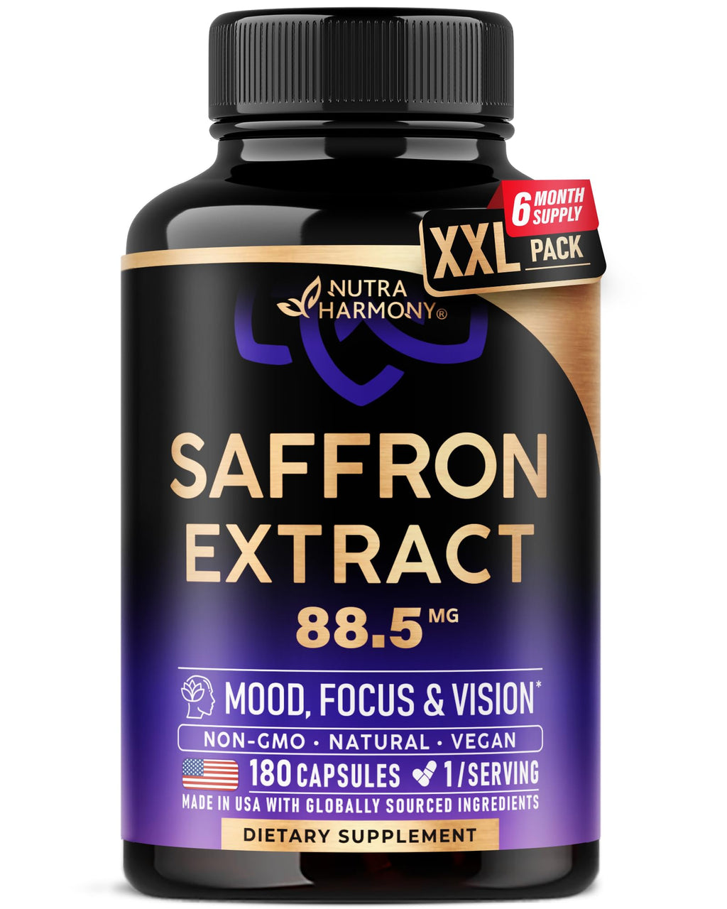 Natural Saffron Supplements - Pure Saffron Extract 88.5 mg - Mood | Focus | Vision | Energy Support - Eye Health for Women & Men - Lab Tested - NonGMO Vegan Pills - 180 Powder Capsules, 6 Month Supply
