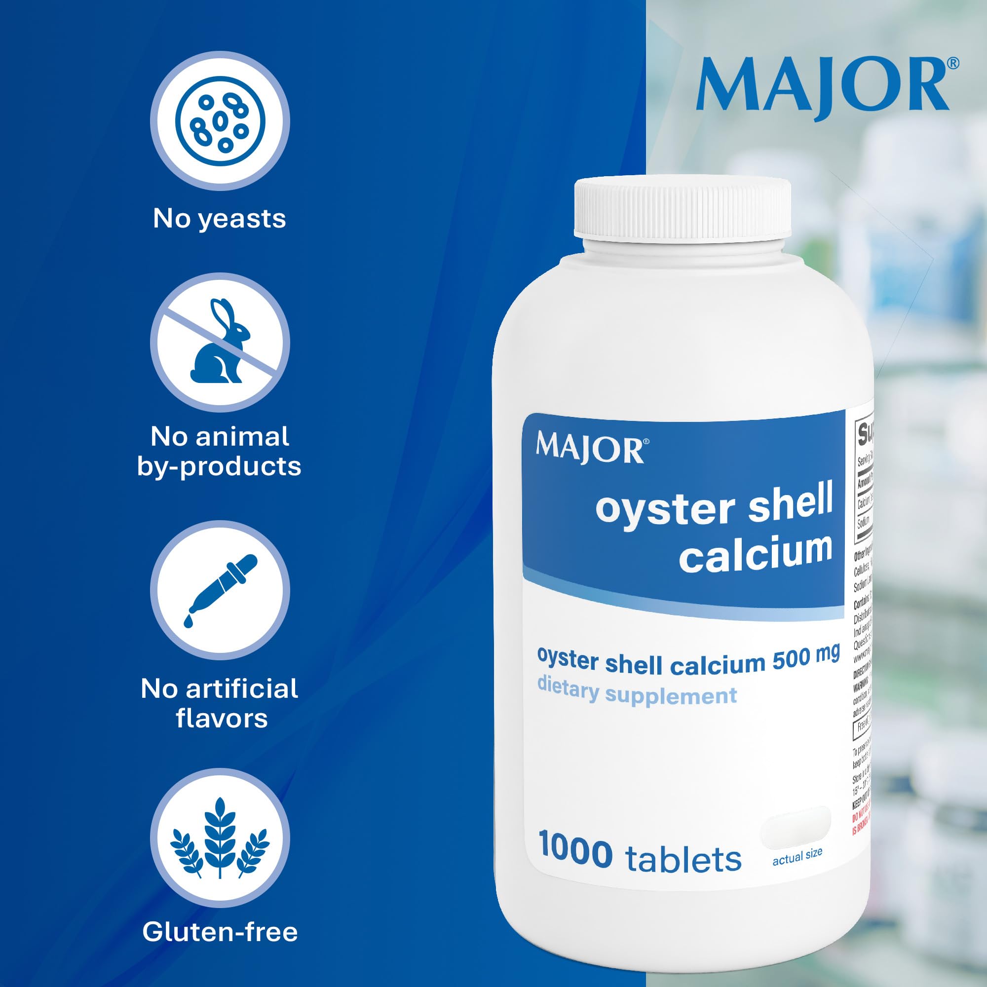 MAJOR Oyster Shell Calcium 500mg - Daily Dietary Supplement for Bone Health and Joint Support, Mineral Supplement for Men and Women, Gluten-Free - 1000 Tablets (1 Pack)