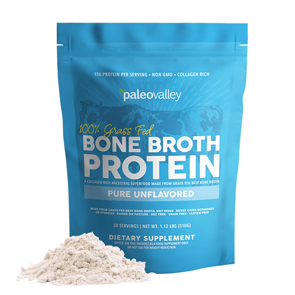 Paleovalley 100% Grass Fed Beef Bone Broth Protein Powder - Rich in Collagen Peptides for Hair, Skin, Gut Health, Bone and Joint Support - 15g Protein Per Serving - No Gluten or GMOs