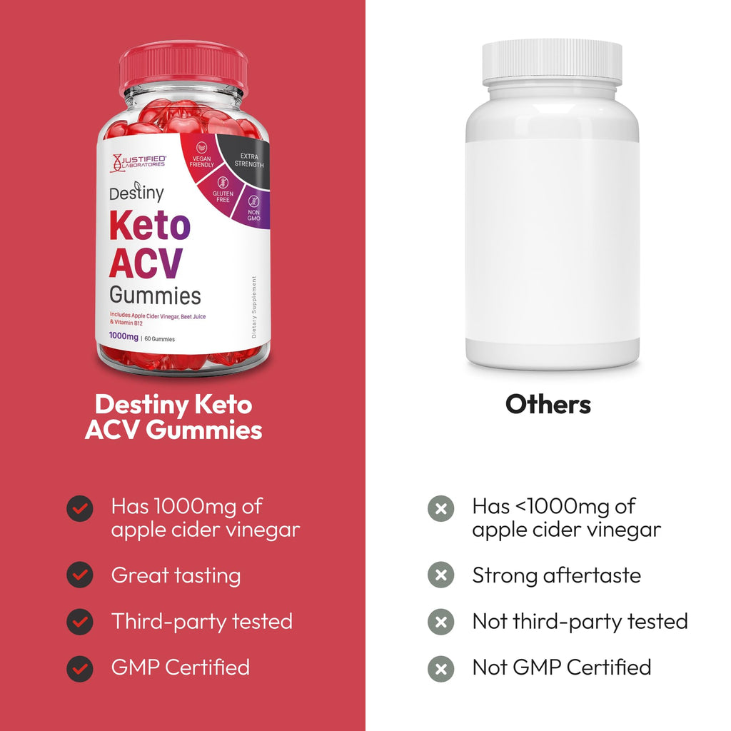 Justified Laboratories Destiny Keto ACV Gummies (1000 mg) - 60 Count, Pack of 3 - Formulated with Apple Cider Vinegar, Folate & Vitamin B12 - Non-GMO, Vegan, Gluten Free - 90 Servings