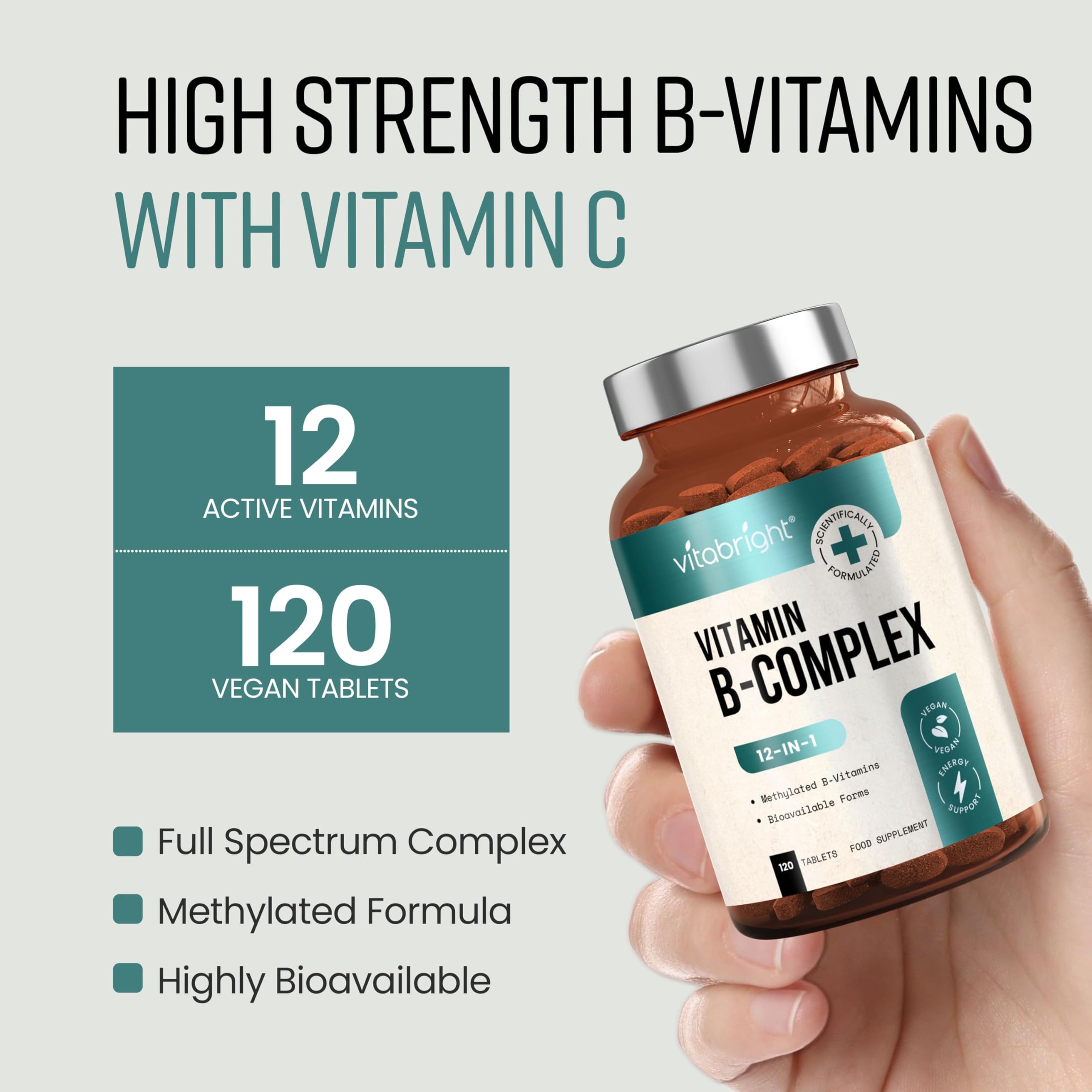Vitamin B Complex High Strength Methylated B Vitamins | B6 Vitamins with Folate & B12 Supplements | Complete Complex with 12 Active Nutrients | Not Liquid Drops Or Spray | Vitabright