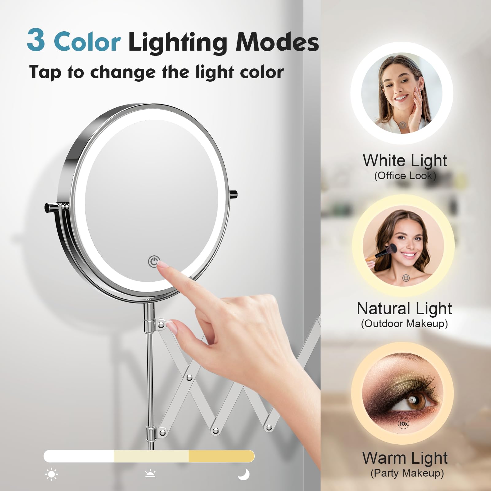 5000mAh Rechargeable Wall Mounted Makeup Mirror - 8 Inch Double Sided 1X/30X Magnifying Mirror with 3 Color Lights Dimmable Touch Screen, 360°Swivel 19.6 Inch Extendable Accordion Bathroom Mirror