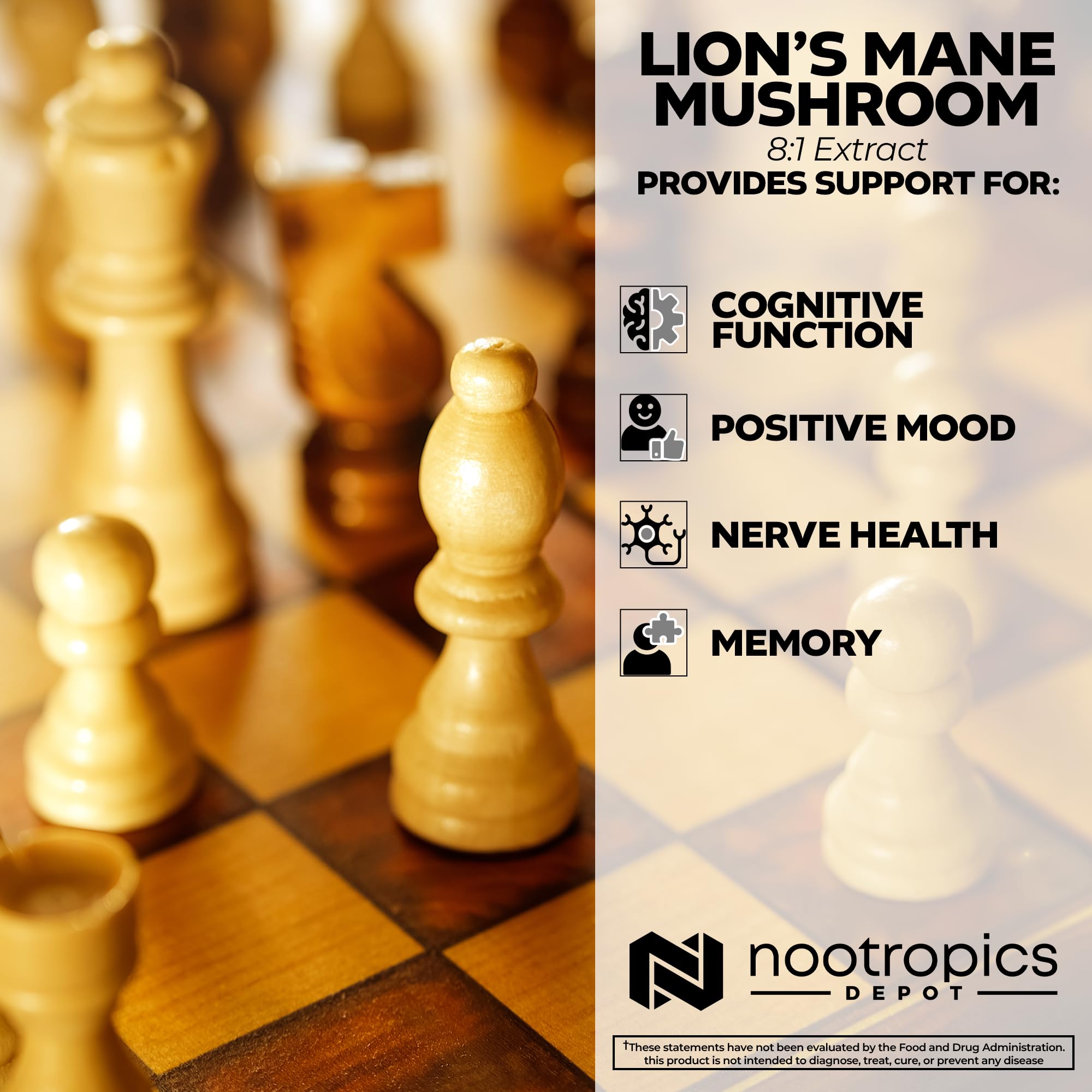 Nootropics Depot Lions Mane Mushroom Capsules | 8:1 Whole Fruiting Body Dual Extract | 500mg | 60 Count | Hericium erinaceus