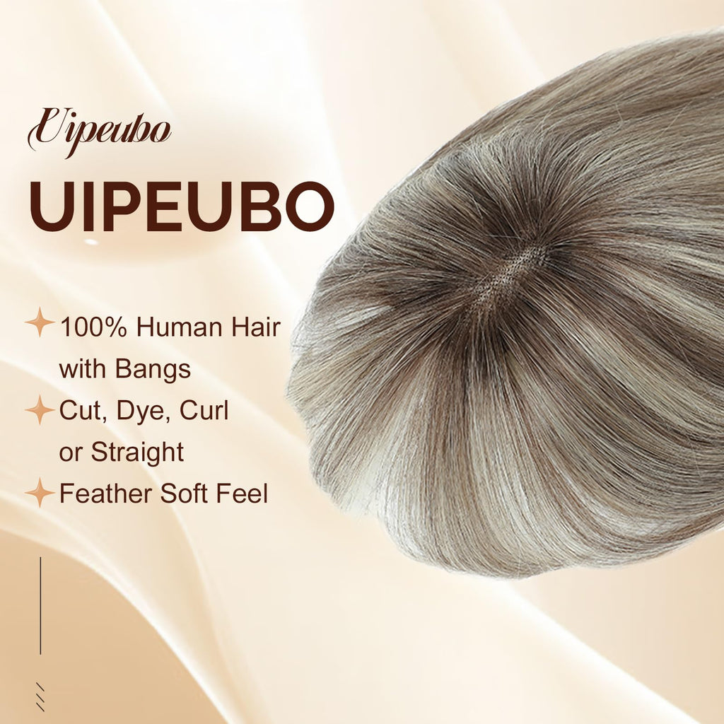 UIPEUBO Hair Toppers for Women Real Human Hair Toppers with Thinning Hairpieces for Women with Bangs 10 Inch Human Hair Topper for Cover Gray Roots (2T613#)