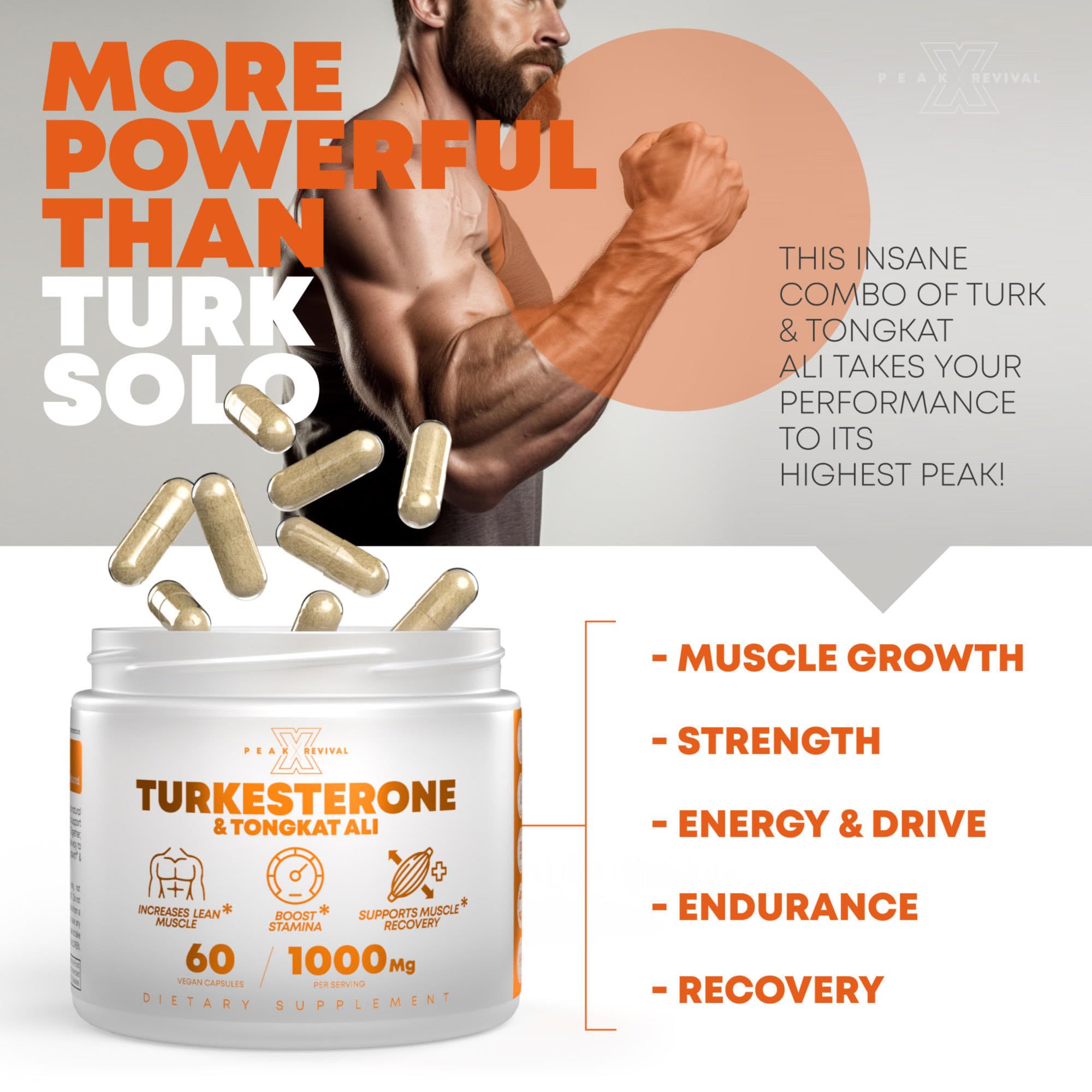 Turkesterone Tongkat Ali Supplement (500mg Ajuga Turkestanica + 250mg Tongkat Ali) 60 Capsules-Turkesterone Supplement 1000mg - Muscle Strength & Recovery Support - Made in The USA BY Peak Revival-X