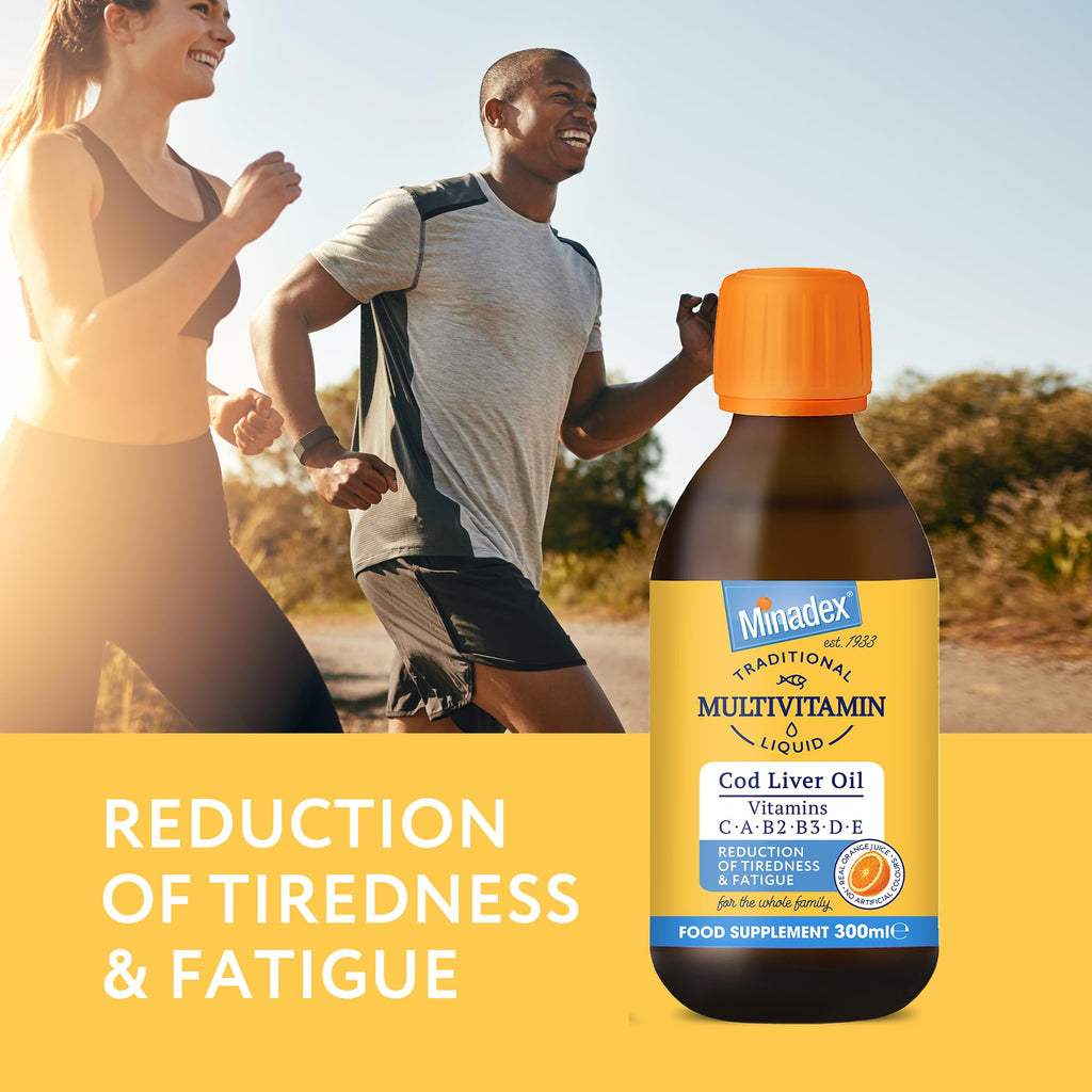 Minadex® Multivitamin Liquid with Cod Liver Oil for Adults & Kids, Delicious Orange Flavour, Vitamins C, A, B2, B3, D, E & Omega-3, Boost Energy & Reduces Tiredness, Supports Immunity, 150ml