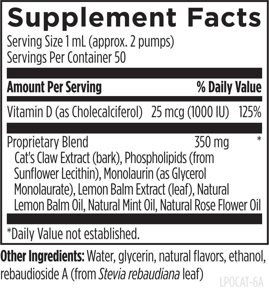 Designs for Health Liposomal Cat's Claw Synergy - Liquid Immune Support Supplement Cats Claw Extract, Vitamin D + Monolaurin - Superior Absorption (50 Servings / 1.7 Fl Oz)