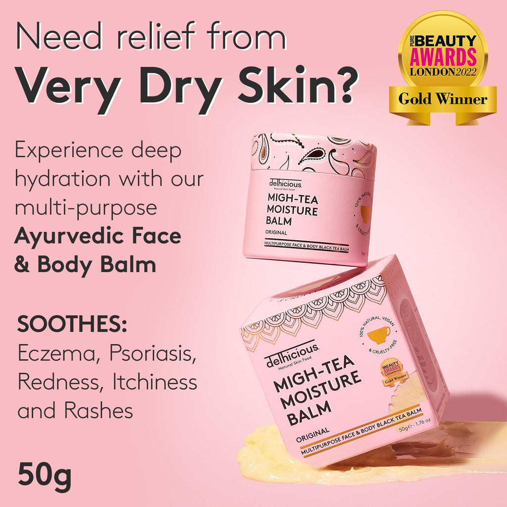 Delhicious Migh-Tea Moisture Face & Body Balm for Very Dry Skin - Nourishing Shea Butter Moisturizer - Eczema Relief, Psoriasis Treatment - Natural, Vegan, Ayurveda Body Butter with Almond Oil - 50g