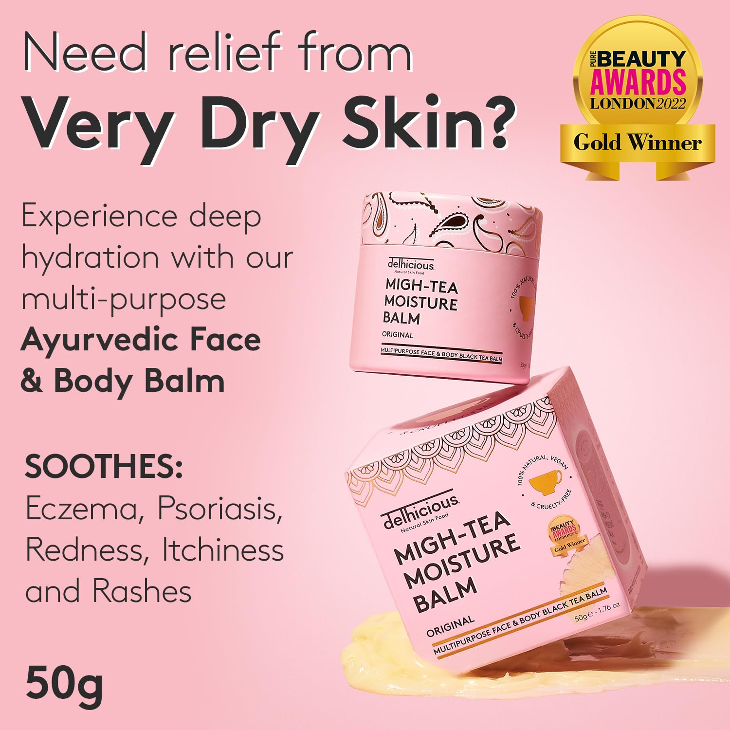 Delhicious Migh-Tea Moisture Face & Body Balm for Very Dry Skin - Nourishing Shea Butter Moisturizer - Eczema Relief, Psoriasis Treatment - Natural, Vegan, Ayurveda Body Butter with Almond Oil - 50g