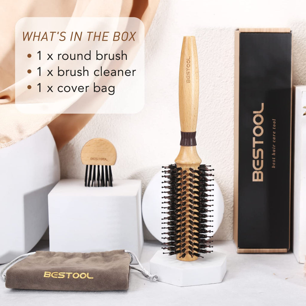BESTOOL Round Brush for Blow-Drying, Boar Bristles with Nylon Pins, Professional Styling Brush for Women and Men, Straightening, Curling, Improving Hair Texture (Barrel 20mm)