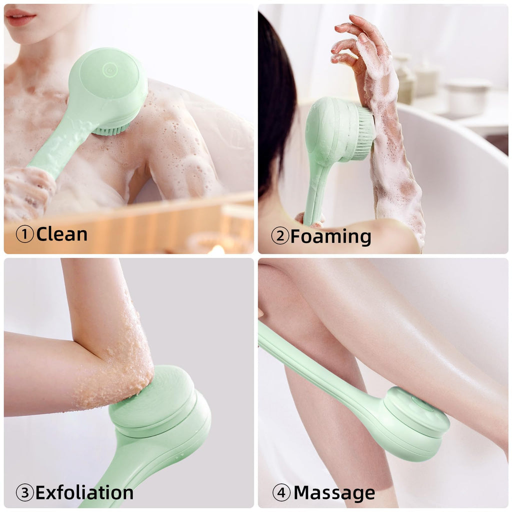 Oh,XIYU. Electric Body Brush Back Scrubber for Shower, Waterproof Long Dual Handle Body Scrubber with 3 Heads, Bath Brush & 2 Speeds, for Cleansing, Exfoliating and Massaging Skin, Pale Cypress Green