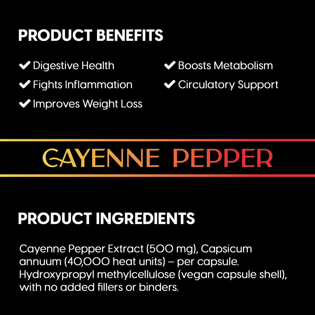 Cayenne Pepper Capsules | 1000mg Per Serving | 60 Vegan HPMC Capsules | Supports Digestion, Circulation & Metabolism | Natural Herbal Supplement | Non-GMO | Gluten-Free