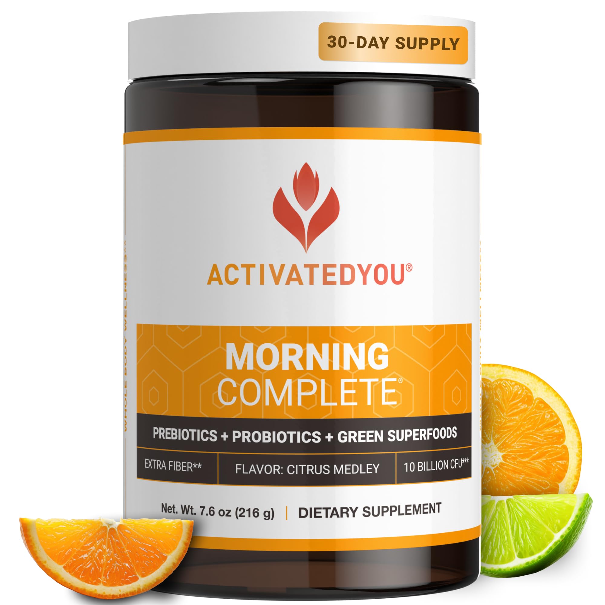 ACTIVATEDYOU Morning Complete Daily Wellness Greens Superfood Drink Mix for Gut Health w/Prebiotics, Probiotics, Antioxidants, Green Superfoods, 10 Billion CFUs, 30 Servings (Citrus)