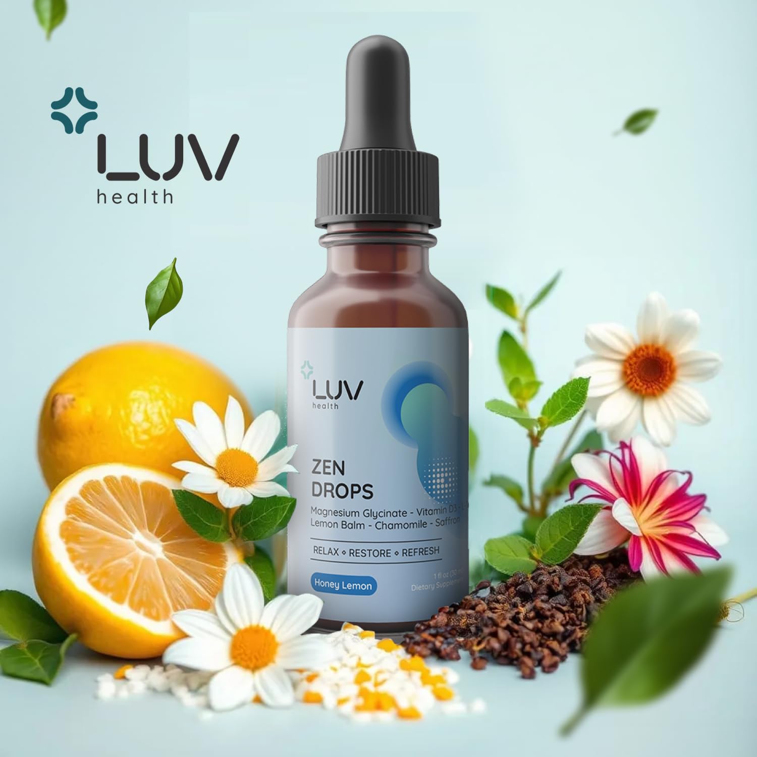 LUV Zen Drops: Anxiety and Stress Support Drops with Magnesium Glycinate, Vitamin D3, Lemon Balm, Chamomile, Saffron, L-Theanine. Keto, Vegan, USA Made, Non-GMO, 30 Servings (1)