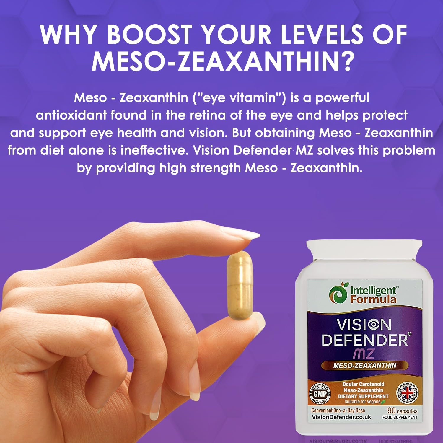 Vision Defender Meso Zeaxanthin Vegan Eye Supplement MZ- Protect and Improve Ocular Health & Eye Care, High Strength Antioxidant Carotenoid Meso-Zeaxanthin for Eyes (90 Capsules/One Daily) Made in UK