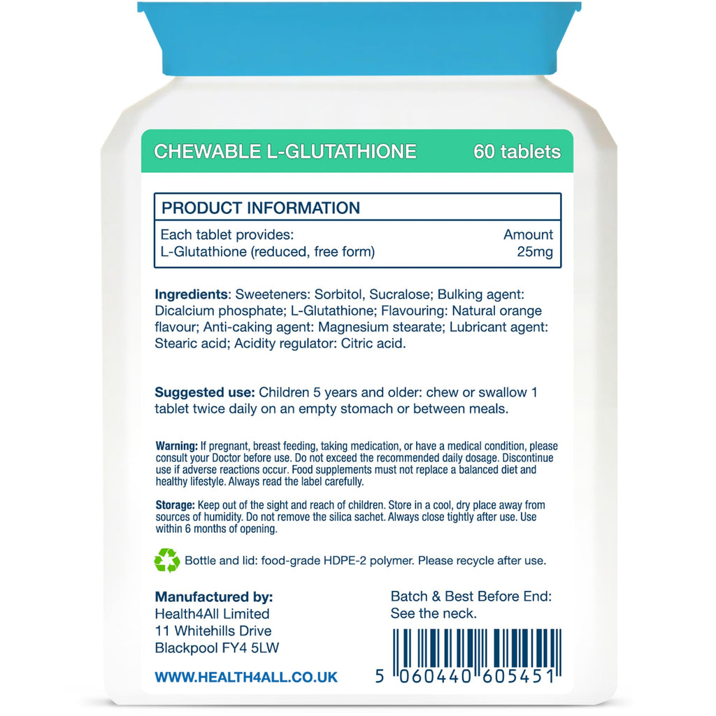 Kids L-Glutathione 25mg 60 Chewable Tablets, Reduced Glutathione (GSH)