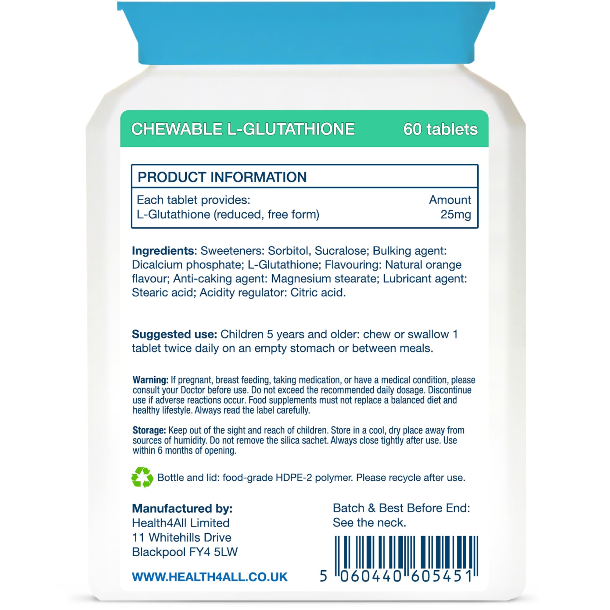Kids L-Glutathione 25mg 60 Chewable Tablets, Reduced Glutathione (GSH)