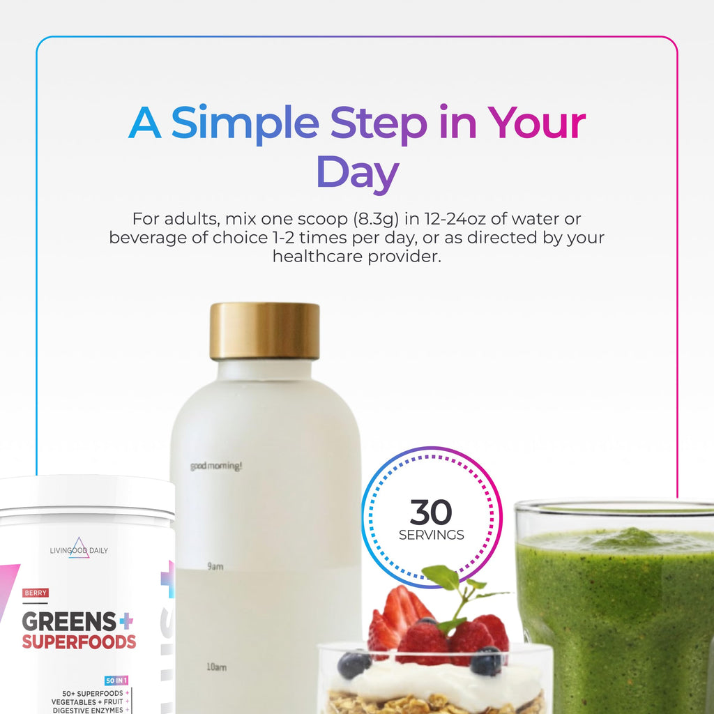 Livingood Daily Mixed Greens Powder, Berry, 30 Servings 8.78 Oz - 50in1 Green Juice Powder with Spirulina, Chlorella, Digestive Enzymes, Probiotics for Digestive Support, Gut Health - Made in USA