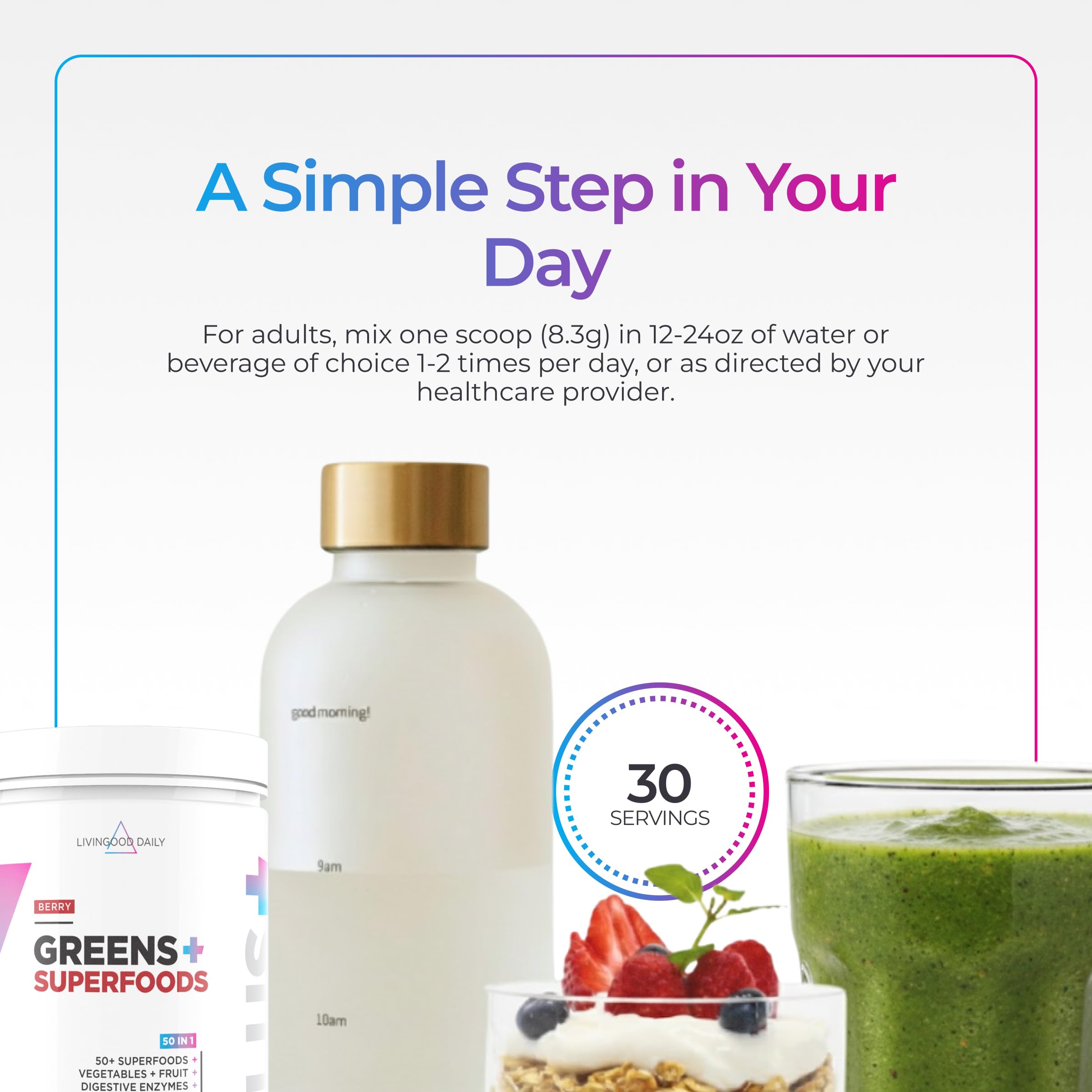 Livingood Daily Mixed Greens Powder, Berry, 30 Servings 8.78 Oz - 50in1 Green Juice Powder with Spirulina, Chlorella, Digestive Enzymes, Probiotics for Digestive Support, Gut Health - Made in USA