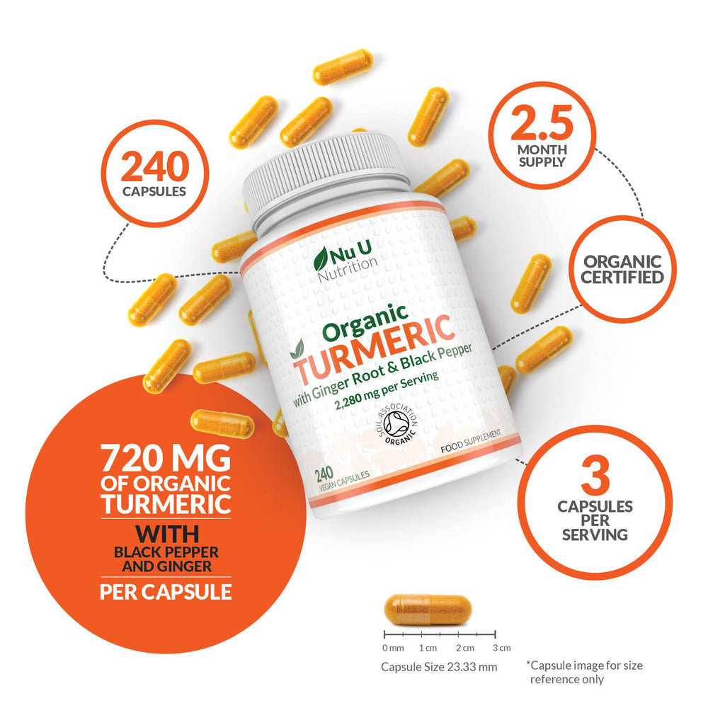 Organic Turmeric Ginger & Black Pepper 2280mg - 240 Vegan Capsules not Tablets - High Strength Tumeric Curcumin - Joints Herbal Supplement for Men and Women - Made in the UK - Nu U Nutrition