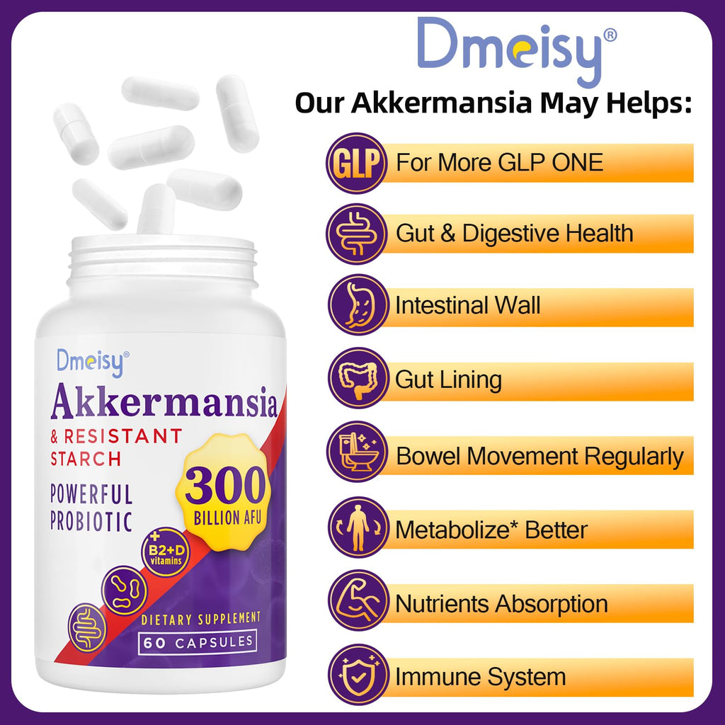 Akkermansia Supplement - 300 Billion AFU Akkermansia Muciniphila, Akkermansia Probiotic for Women & Men, for Boost , Digestive, Gut, Immunity, Enhances Gut Lining Function & Intestinal Walls, 60 Count