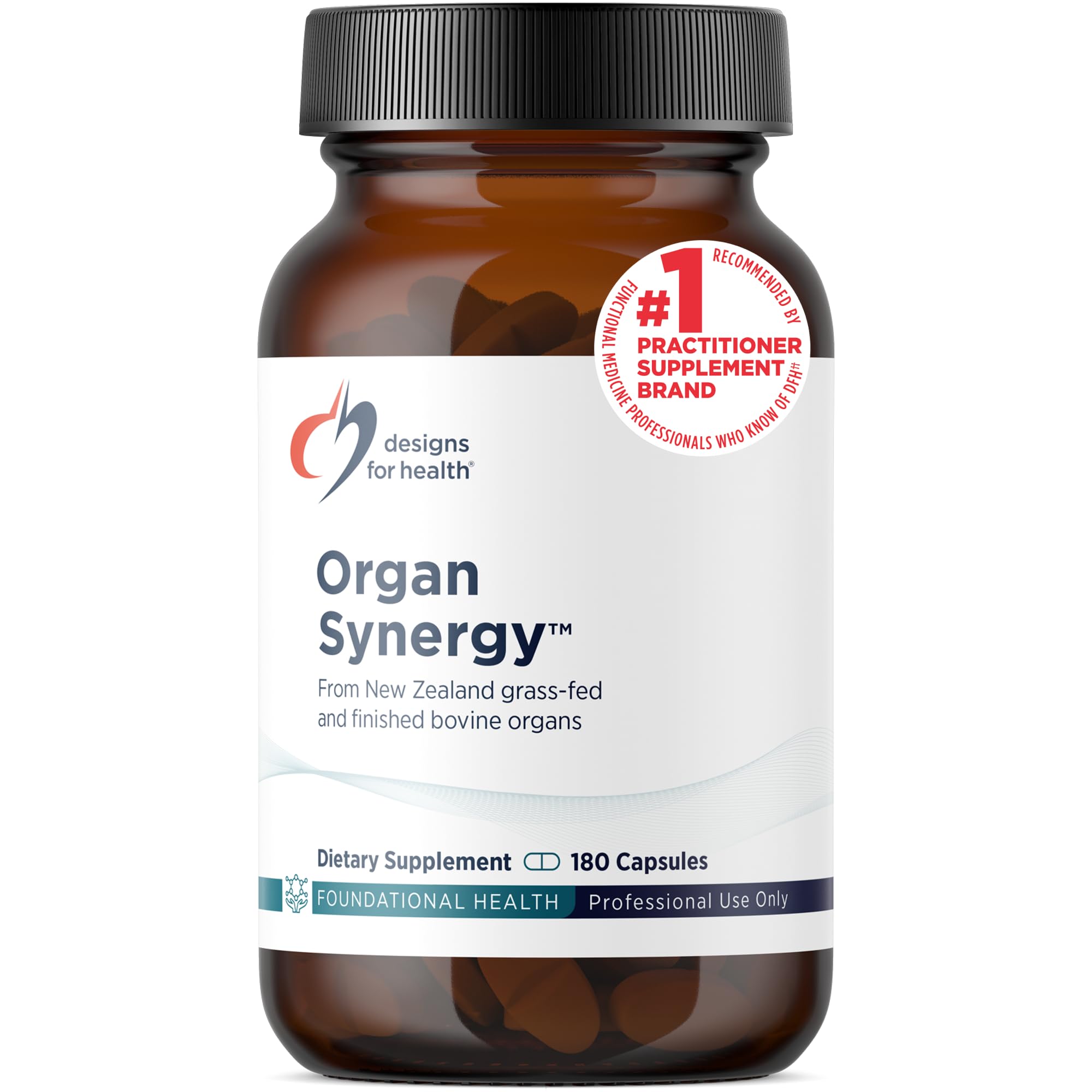 Designs for Health Organ Synergy - Bovine Organ Supplements - 100% GrassFed Beef Organs with Liver, Heart, Pancreas, Kidney + Spleen (180 Capsules / 30 Servings)